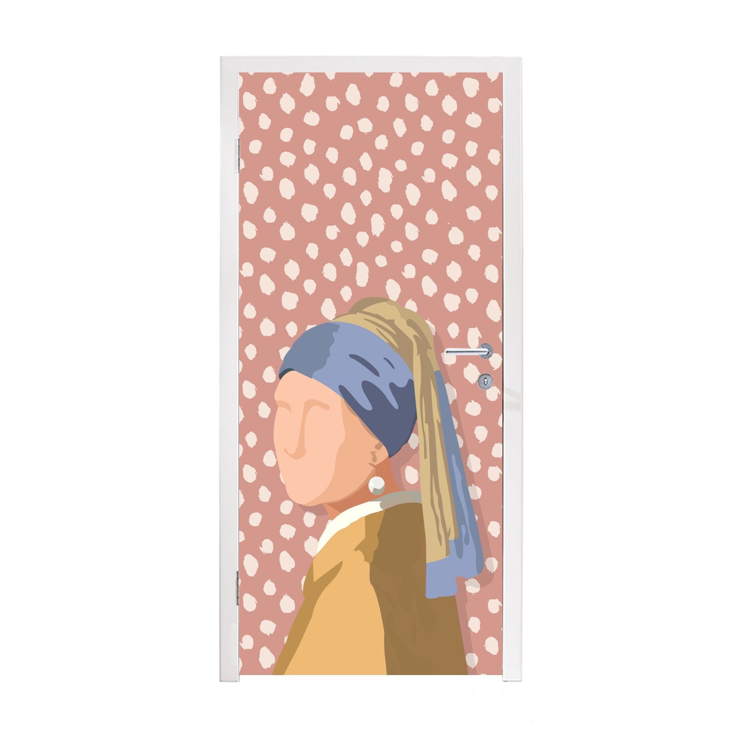 MuchoWow Türtapete Alte Meister - Mädchen mit Perlenohrring - Dots - Vintage, Matt, bedruckt, (1 St), Fototapete für Tür, Türaufkleber, 75x205 cm