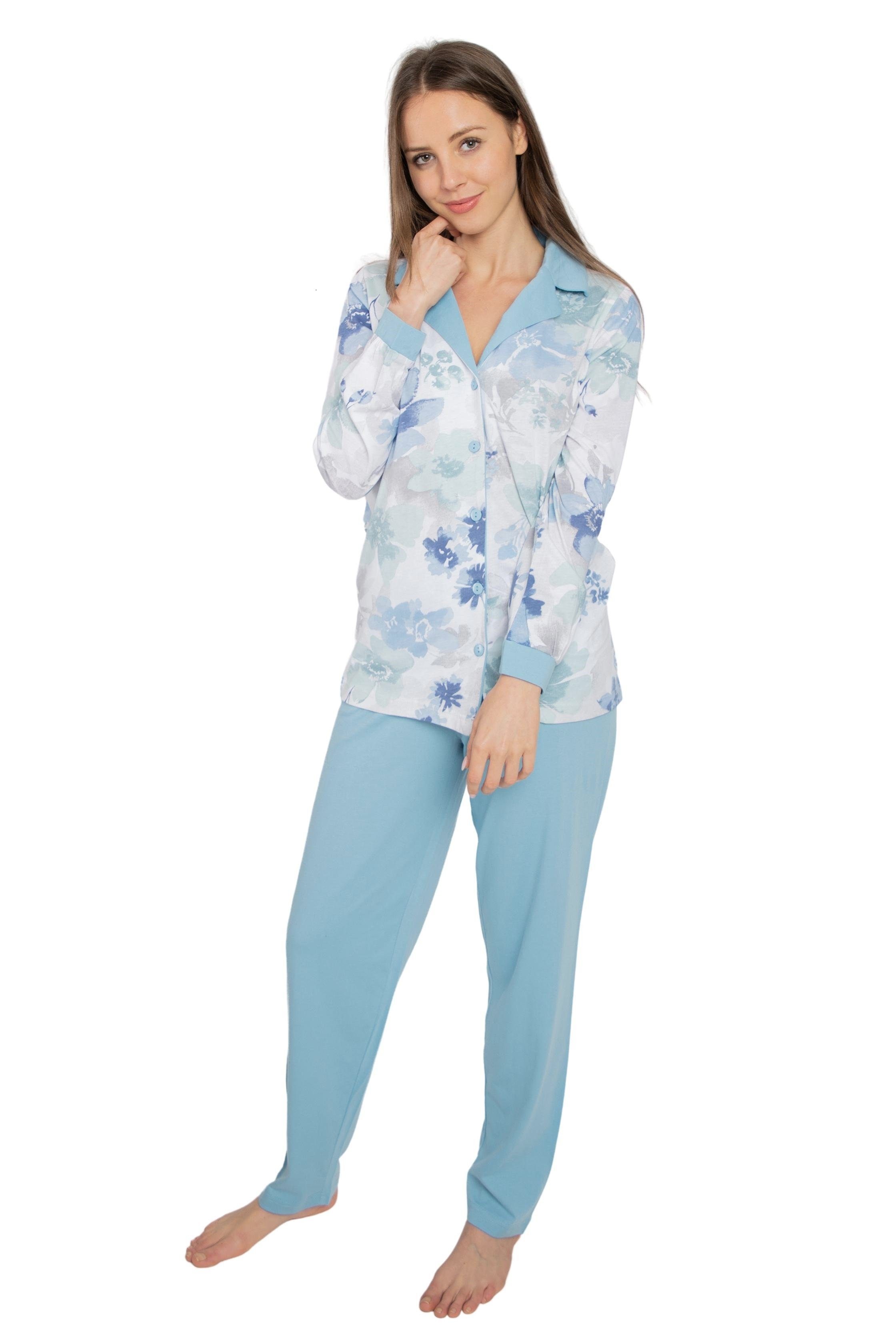 Damen Schlafanzug DW746 mit Set) Knopfleiste blau Revertkragen 1 Pyjama Durchgehende Pyjama (Spar-Set, Consult-Tex