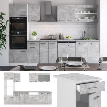 Livinity® Küchenzeile R-Line, Beton/Weiß, 300 cm mit Hochschrank, AP Anthrazit