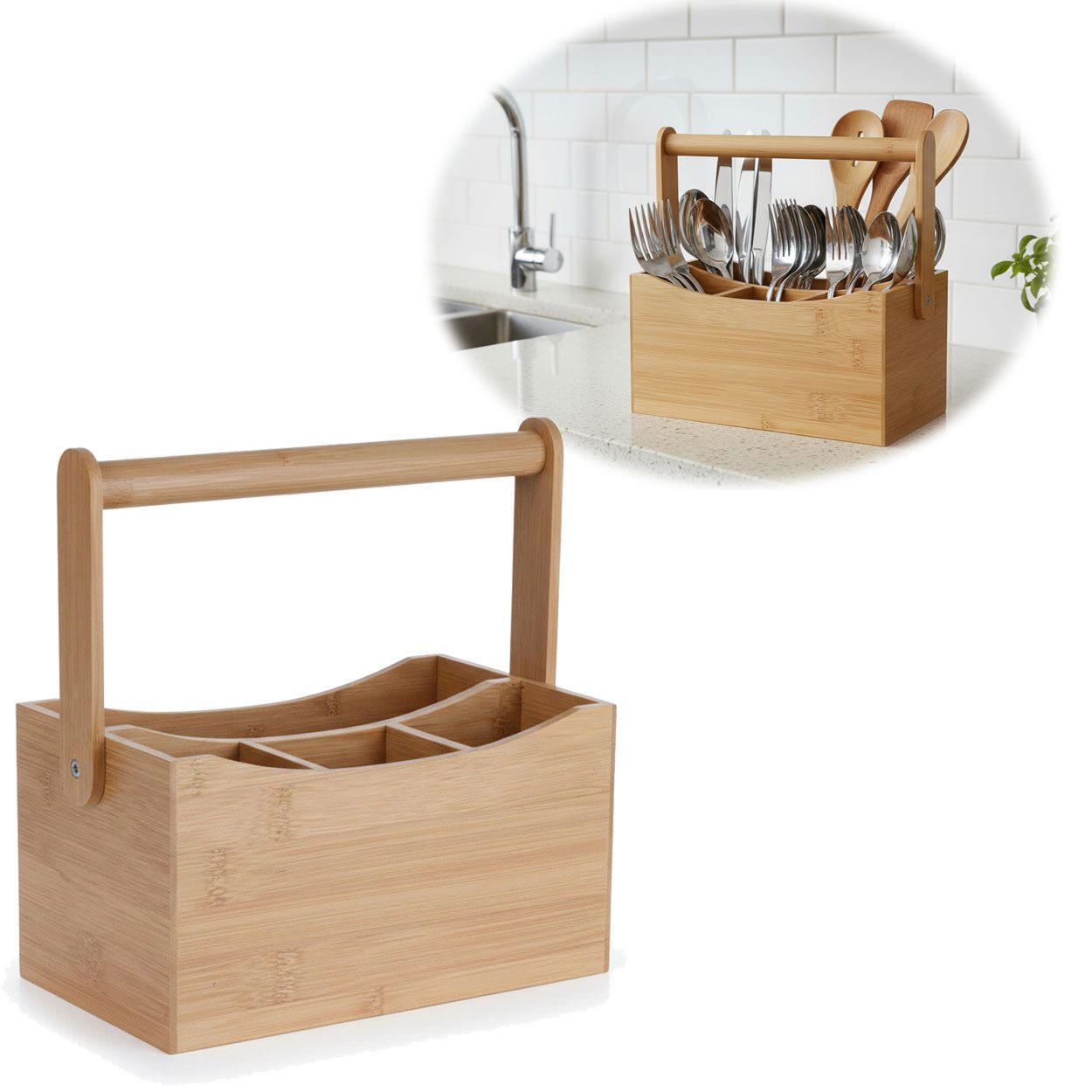 LS-LebenStil Besteckhalter Holz Besteckkorb Kampen 4-Fächer 22cm Rechteckig mit Griff Cutlery, (mit Griff Cutlery Utensilo Küche Utensilienhalter Organizer, 1-tlg., Besteckständer Besteckbehälter Besteckträger Stiftebox), FSC zertifiziert, mit klappbarem