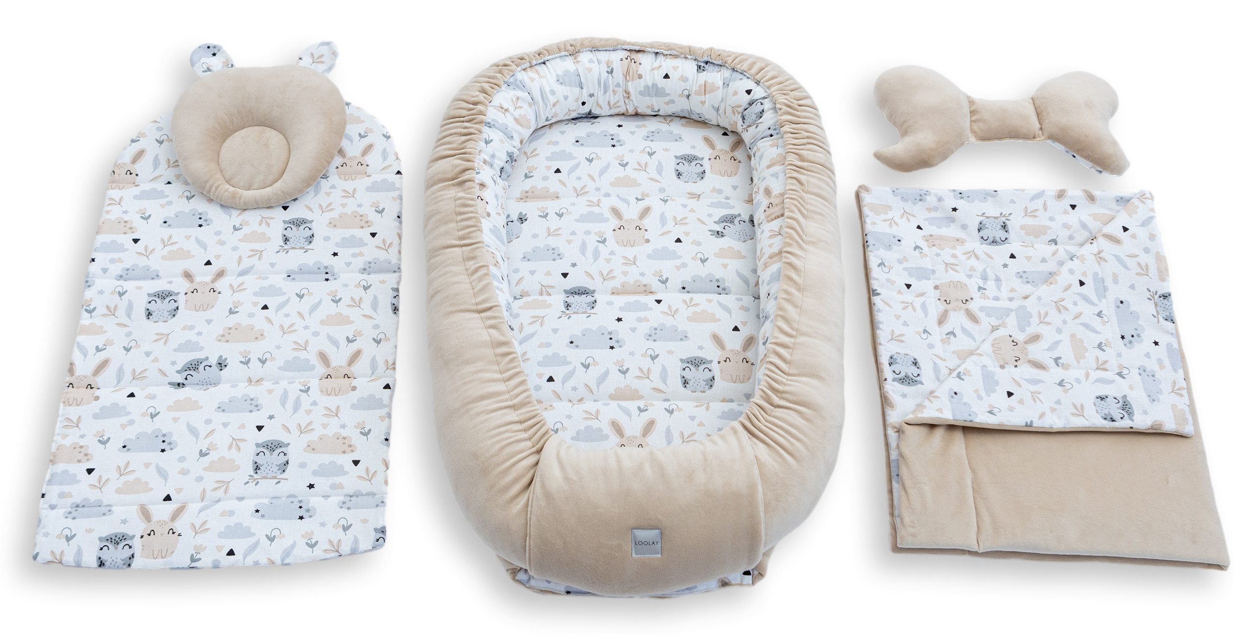 Loolay Kuschelnest BABYNEST 5 TLG. Set PREMIUM Babyausstattung Baumwolle & Samt Velours, (MUSTER: BEIGE Samt Velour/ HASE EULE, 5-tlg., Liebevoll handgefertigt  – Bild 2 von 5