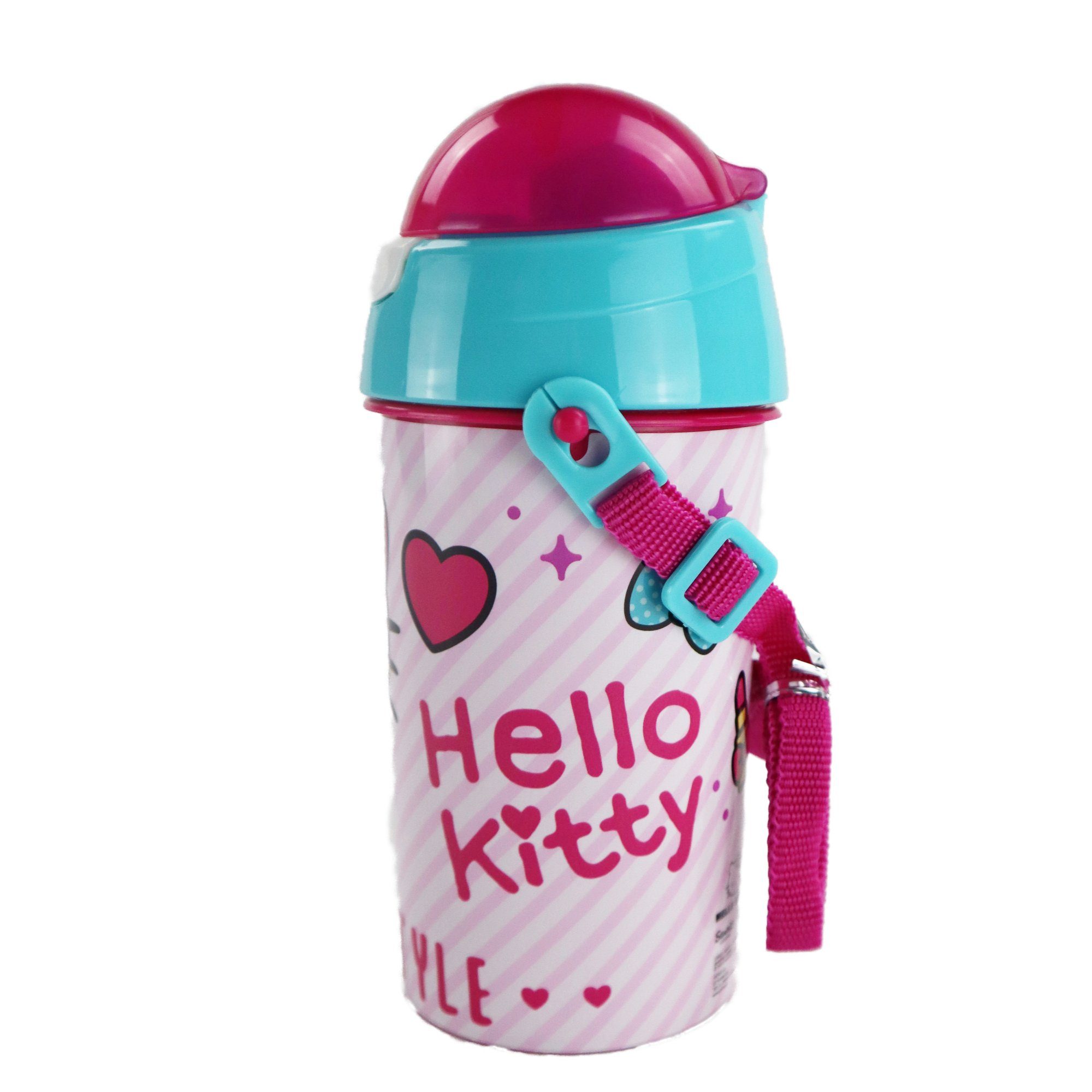 Flasche Hello Tragegurt mit Hello und Kinder 500 integriertem Trinkhalm Trinkflasche Wasserflasche, ml Kitty Kitty