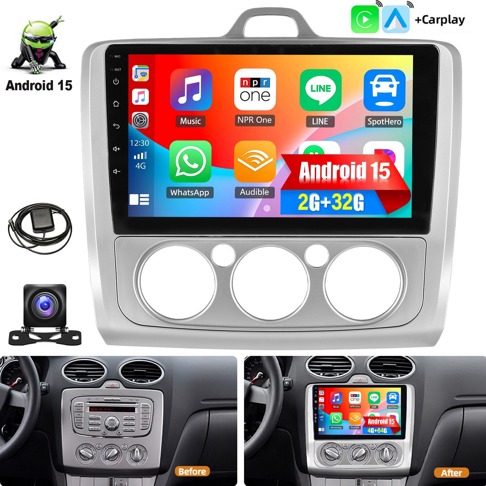ESSGOO Für Ford Focus MK2 MK II 2004-11 Android 15 Autoradio Carplay Navi RDS Autoradio (DAB+ (optional), 4+64GB(optional), AM, FM, RDS, 4+128GB(optional), Apple Carplay & Android Auto,Bluetooth,ASP)