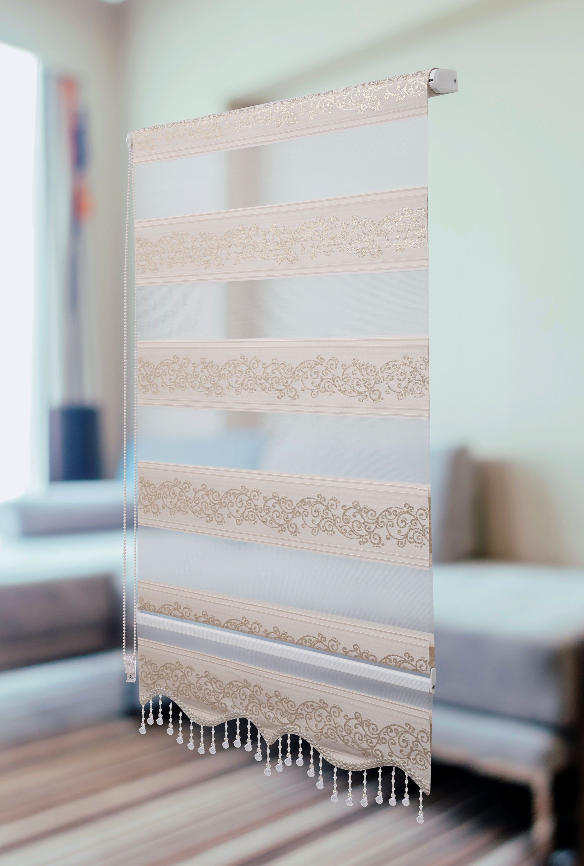 Doppelrollo Doppelrollo Klemmfix ohne Bohren Gold Rankenmuster mit Perlen, günstig online kaufen