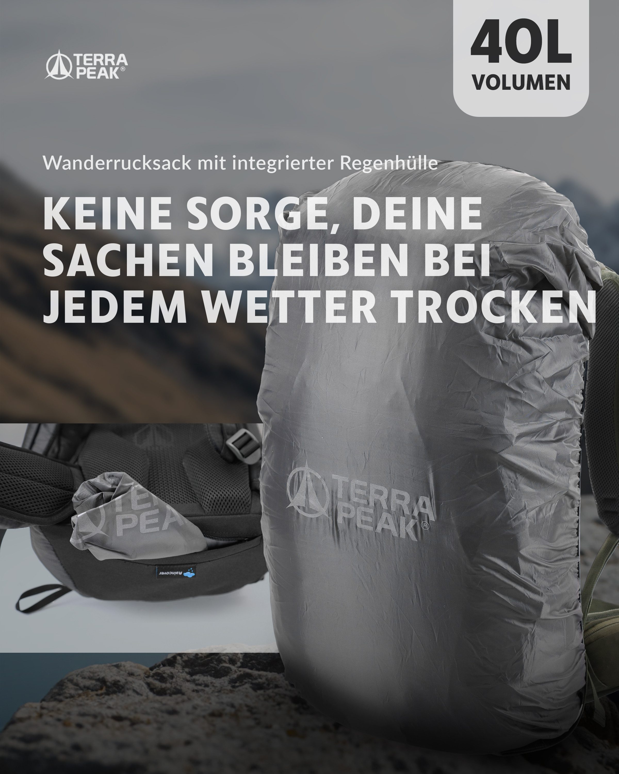 Terra Peak Wanderrucksack Airant 40, Rucksack mit belüftetem Netzrücken groß, 40 Liter