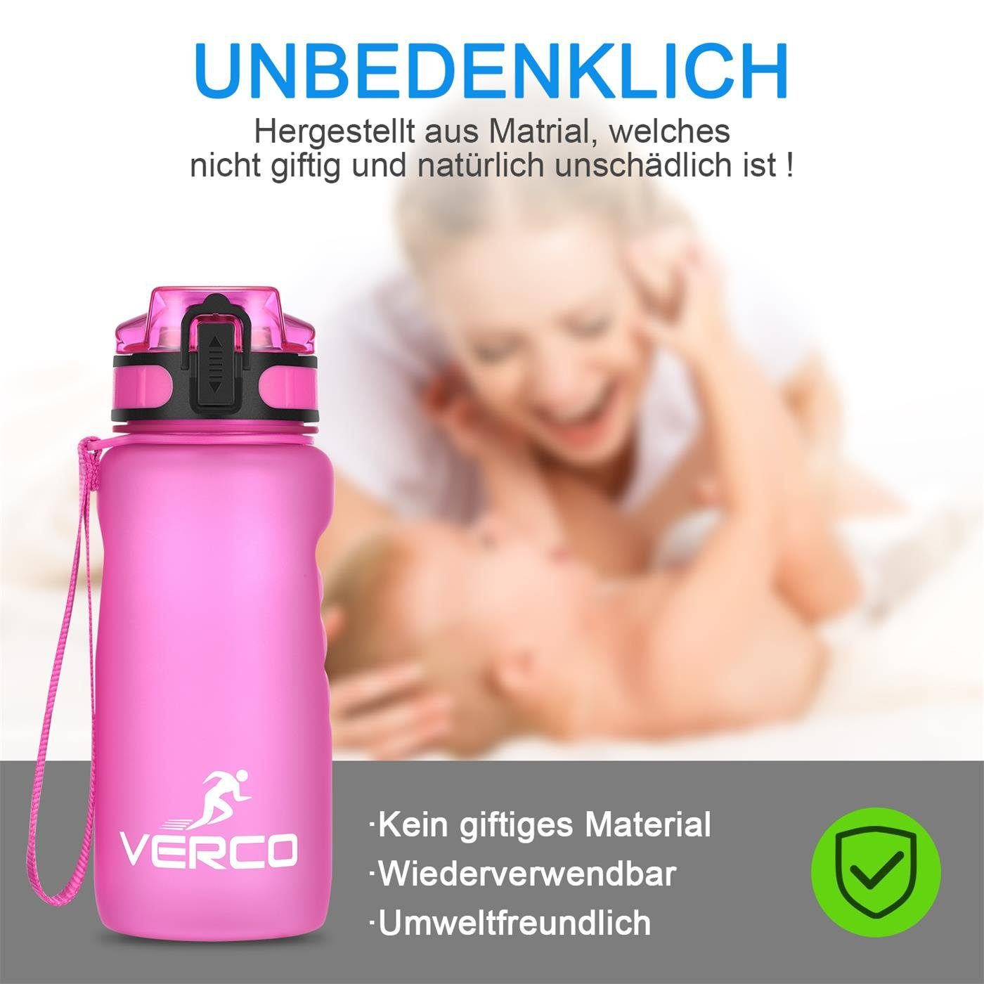 VERCO Trinkflasche 650 ml Sport wiederverwendbar Tritan Flasche, Fruchtsieb Wasserflasche Pink BPA 0,65 nachhaltig Liter mit Frei