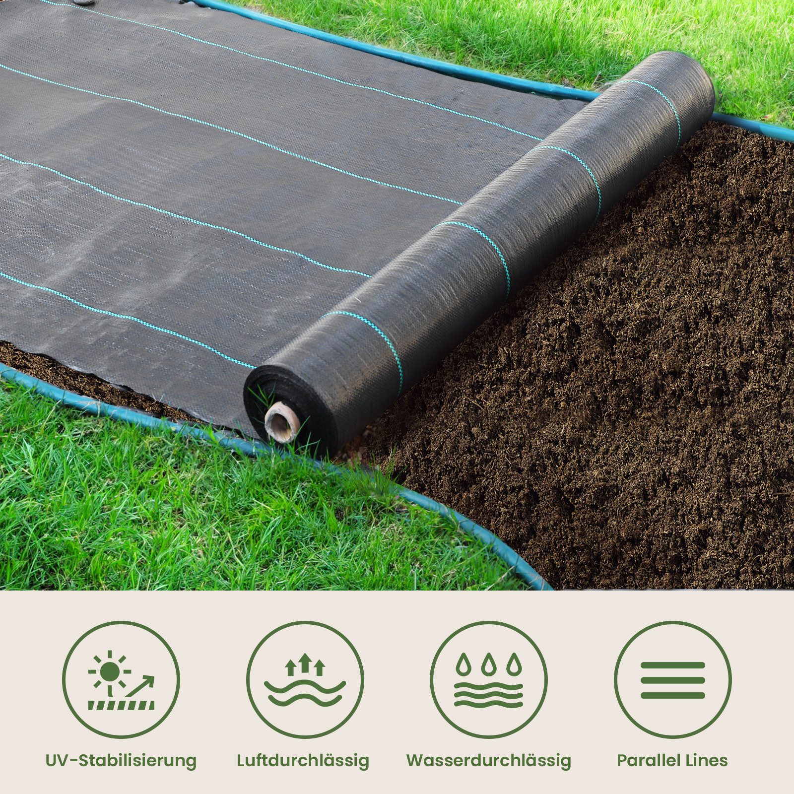 OUNUO Unkrautvlies 90g/m² Unkrautvlies Gartenvlies Unkrautfolie 3m breit, 3x25 Meter Rolle
