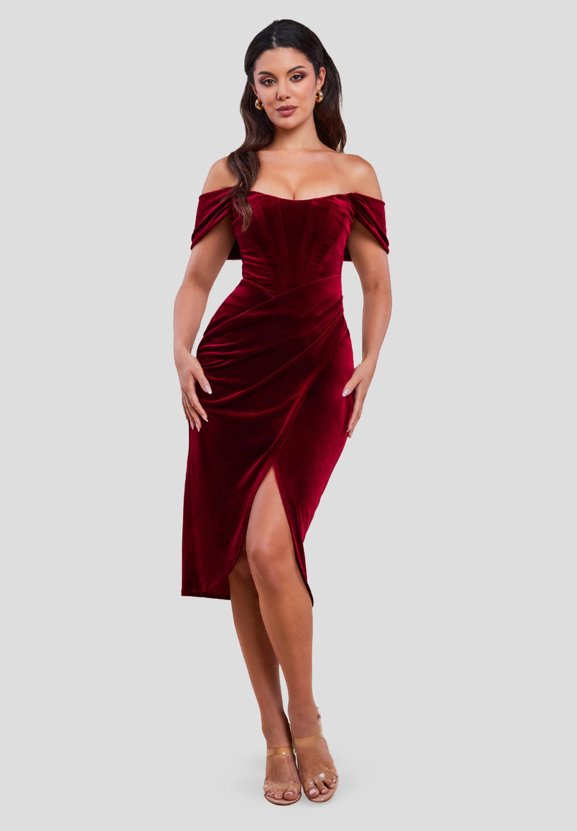 Goddiva Midikleid Draped Shoulder Velvet Corset Midi Dress Knielang, Bodyco günstig online kaufen