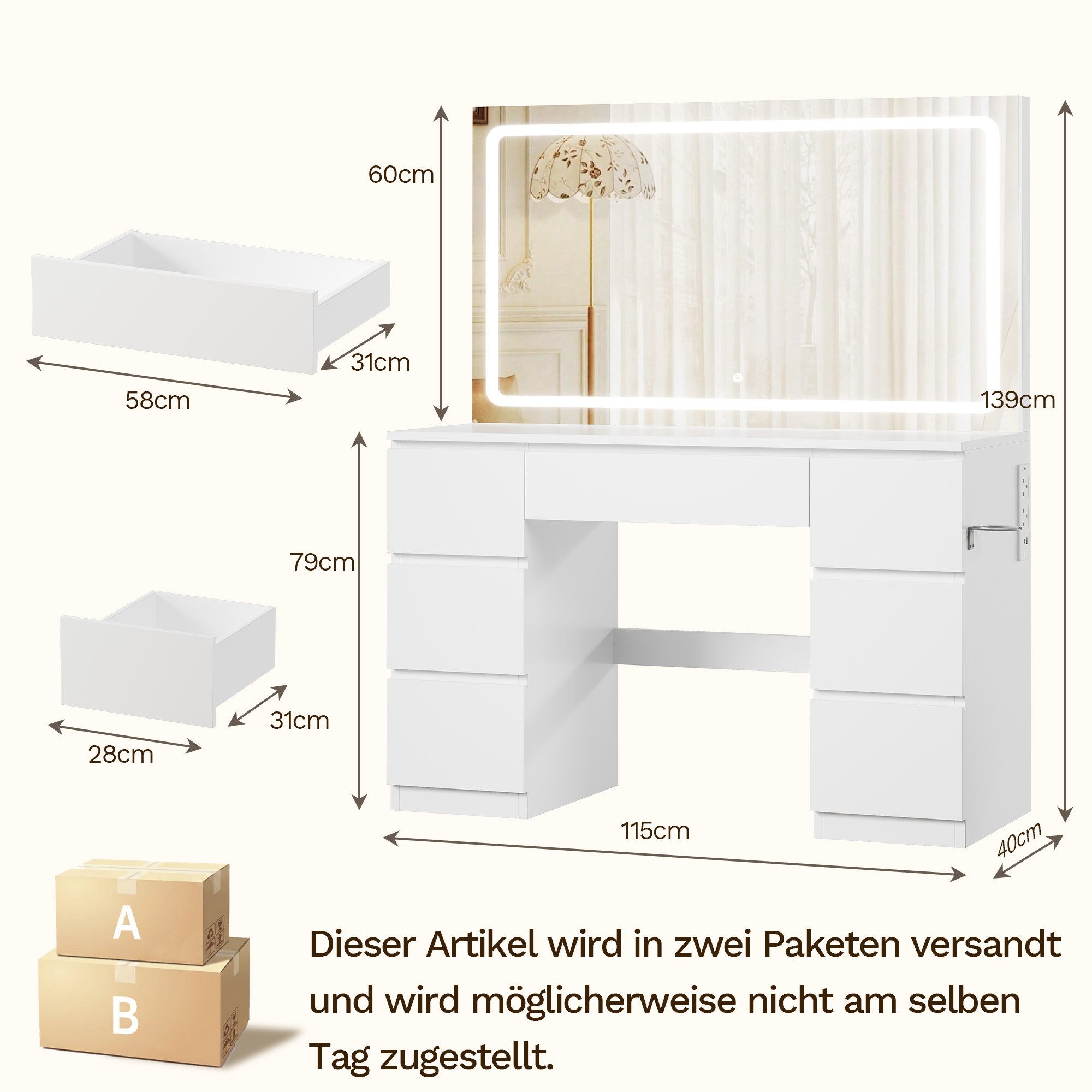 HOMALL Schminktisch 115 cm großer LED-Schminktisch mit einstellbarer Helligkeit (Maße: 115 × 40 × 139 cm, mit 7 Schubladen, 2 Steckdosen, 1 USB-Anschluss und 1  – Bild 2 von 5
