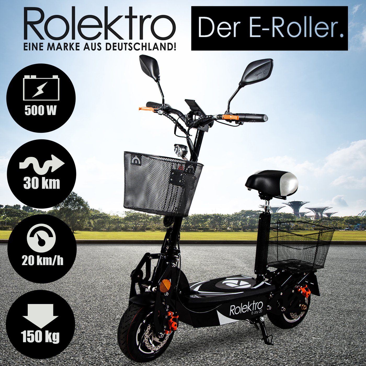 Rolektro E-Mofaroller E-Joy Schwarz, Akku, Watt, 20 km/h 500 20, 36V-12AH Blei-Gel