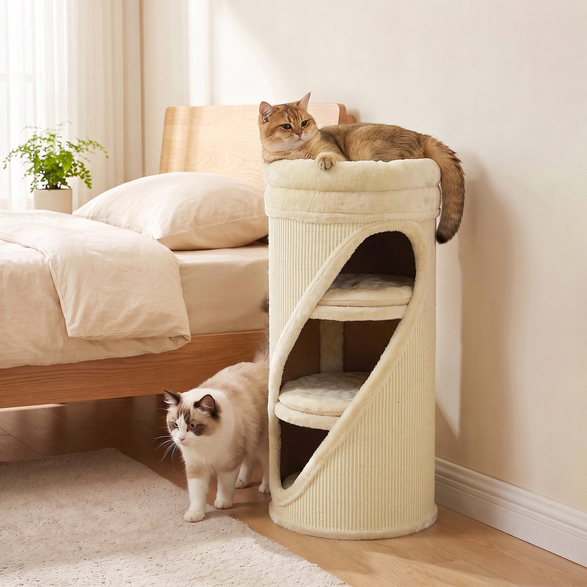 PawHut Kratztonne 75 cm Hoch Ø 35 cm 4-Stufig mit 3 Höhlen, (Kratzmöbel, 1-tlg., Katzenkratztonne), mit abnehmbarem waschbarem Plüschbett Sisal-Kratzfläche