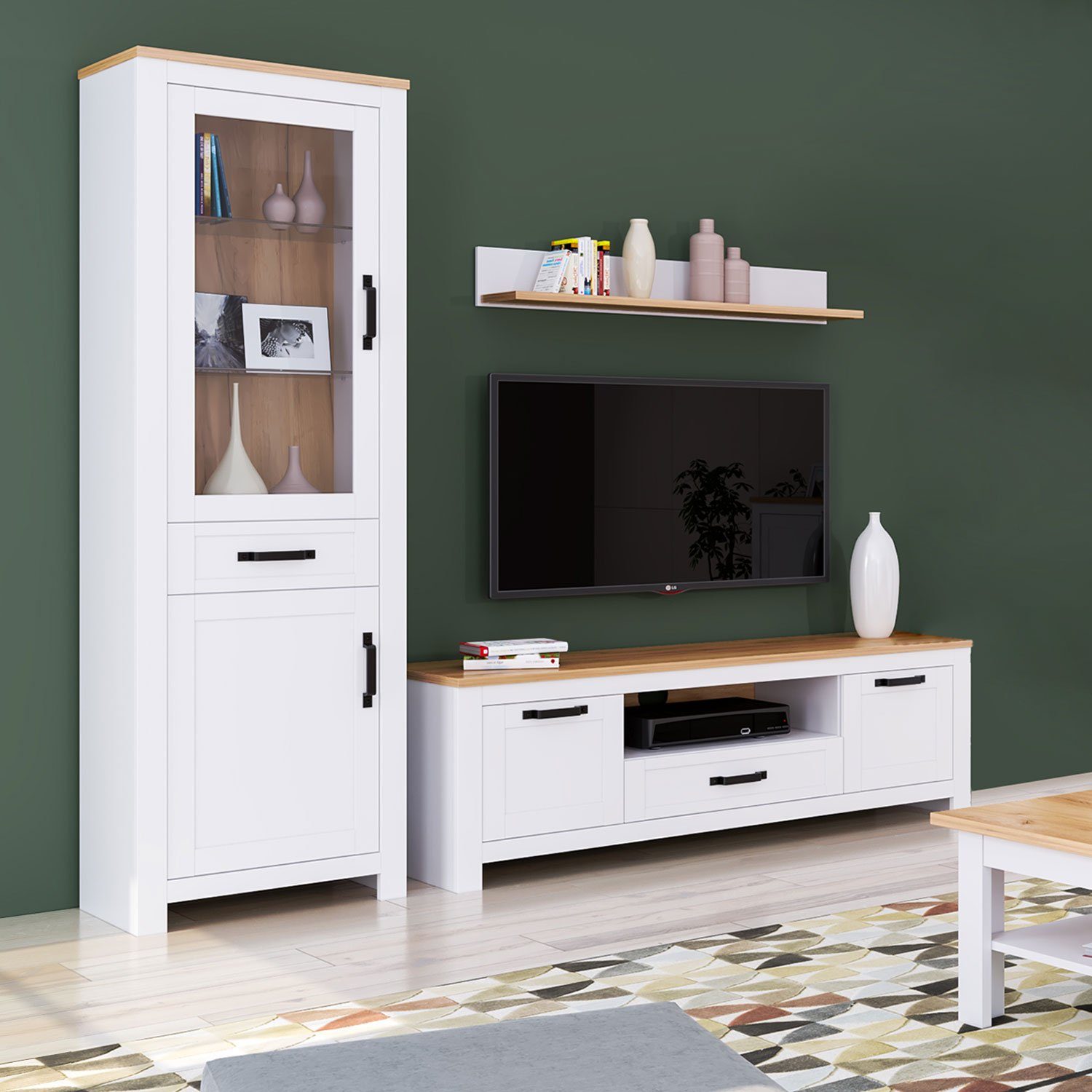 Homestyle4u Glasvitrine Vitrinenschrank Glasvitrine Highboard Wohnzimmerschrank Weiß Landhaus Glastür, Schublade, 2 geschlossene Fächer, schwarze Griffe