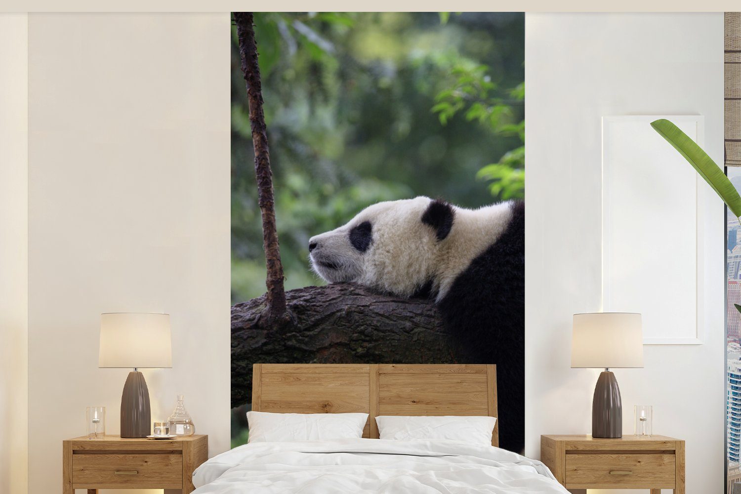 MuchoWow Fototapete Panda - Baum - Tiere - Natur, Matt, bedruckt, (2 St), Vliestapete für Wohnzimmer Schlafzimmer Küche, Fototapete