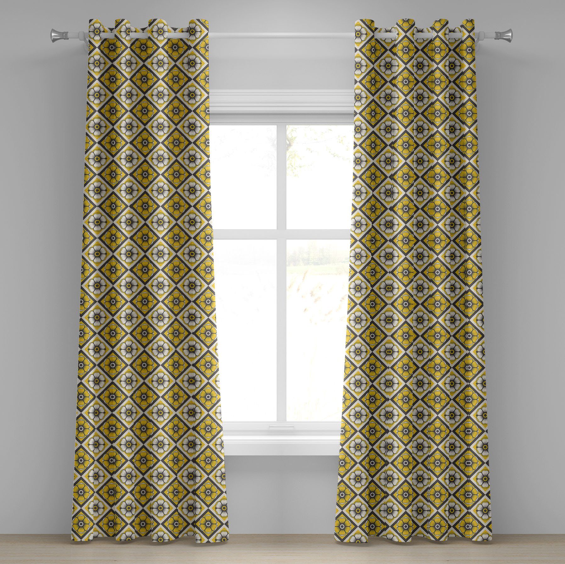 Gardine Dekorative 2-Panel-Fenstervorhänge für Schlafzimmer Wohnzimmer, Abakuhaus, Frühling Gelbe Fliese Blumen