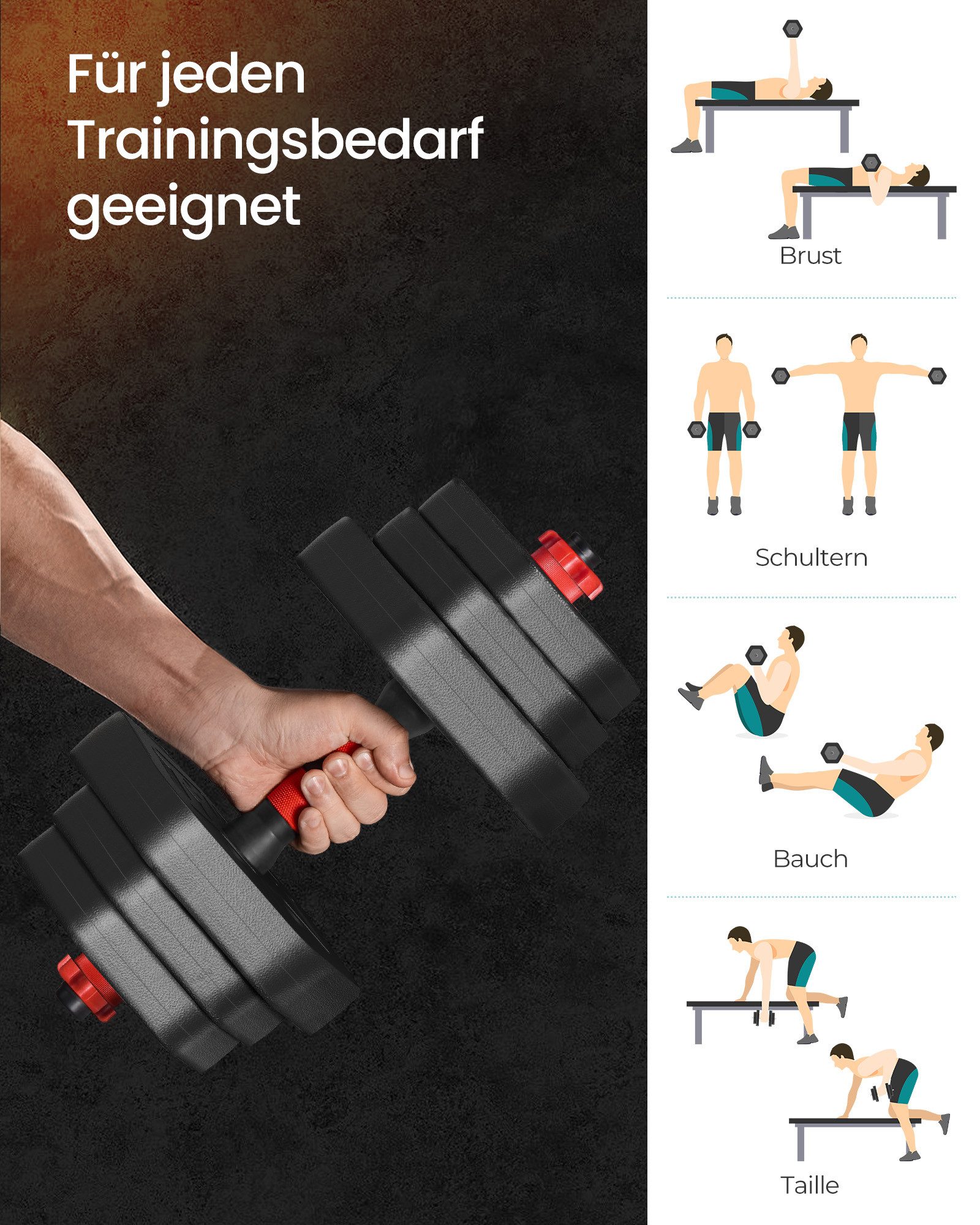SONGMICS Hantel-Set Hanteln mit Verbindungsstange, Hexagon, Kurzhantelset, für Workout, Fitnesstraining, Gewichtheben für Zuhause, Fitnessstudio