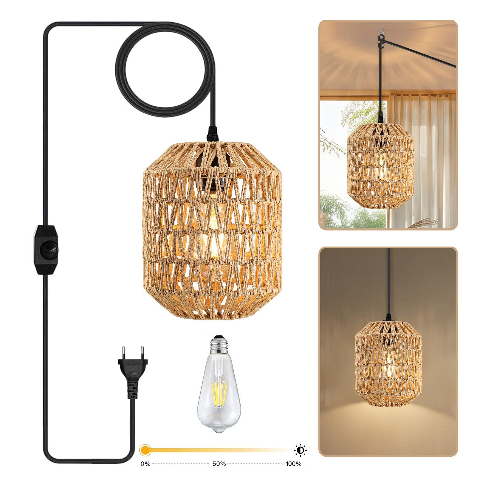 LMaxhome Pendelleuchte LED-Hängeleuchte Dimmbar Rattan Optik günstig online kaufen