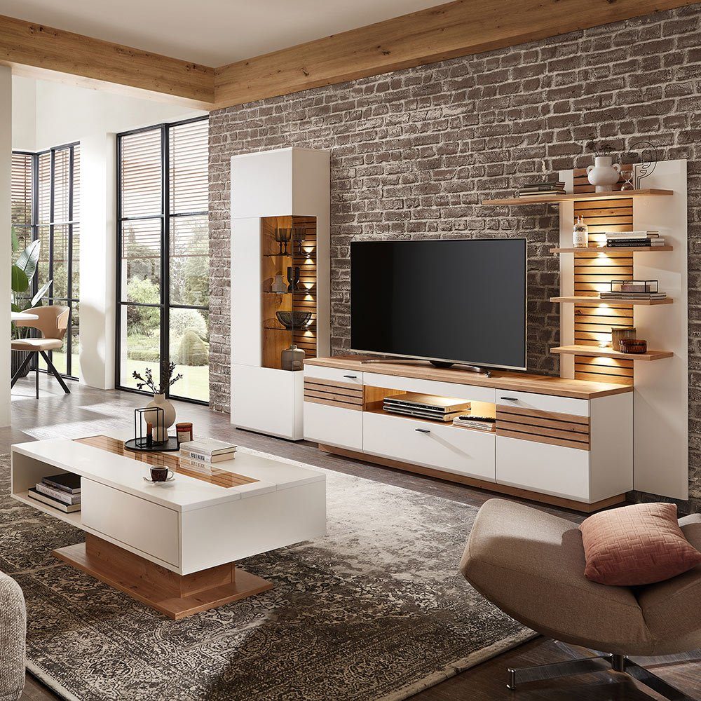 Lomadox Wohnzimmer-Set FALLON-55, (Mega-Spar-Set, 4-St., 4-tlg), weiß mit Eiche, inkl. Couchtisch