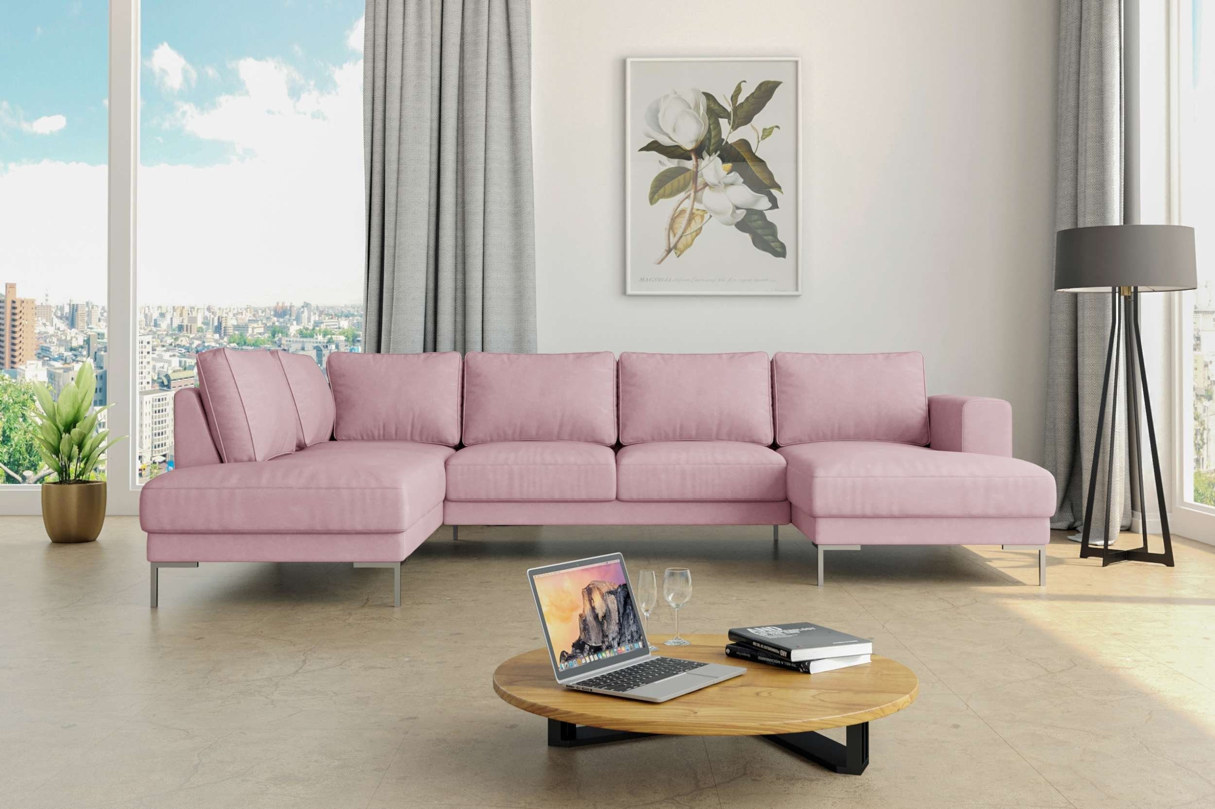 Raum Sofa, Santini, Modern Wellenfederung, im frei stellbar, mane rechts Hellrosa U-Form, links Metall Wohnlandschaft oder bestellbar, Design, Stylefy mit