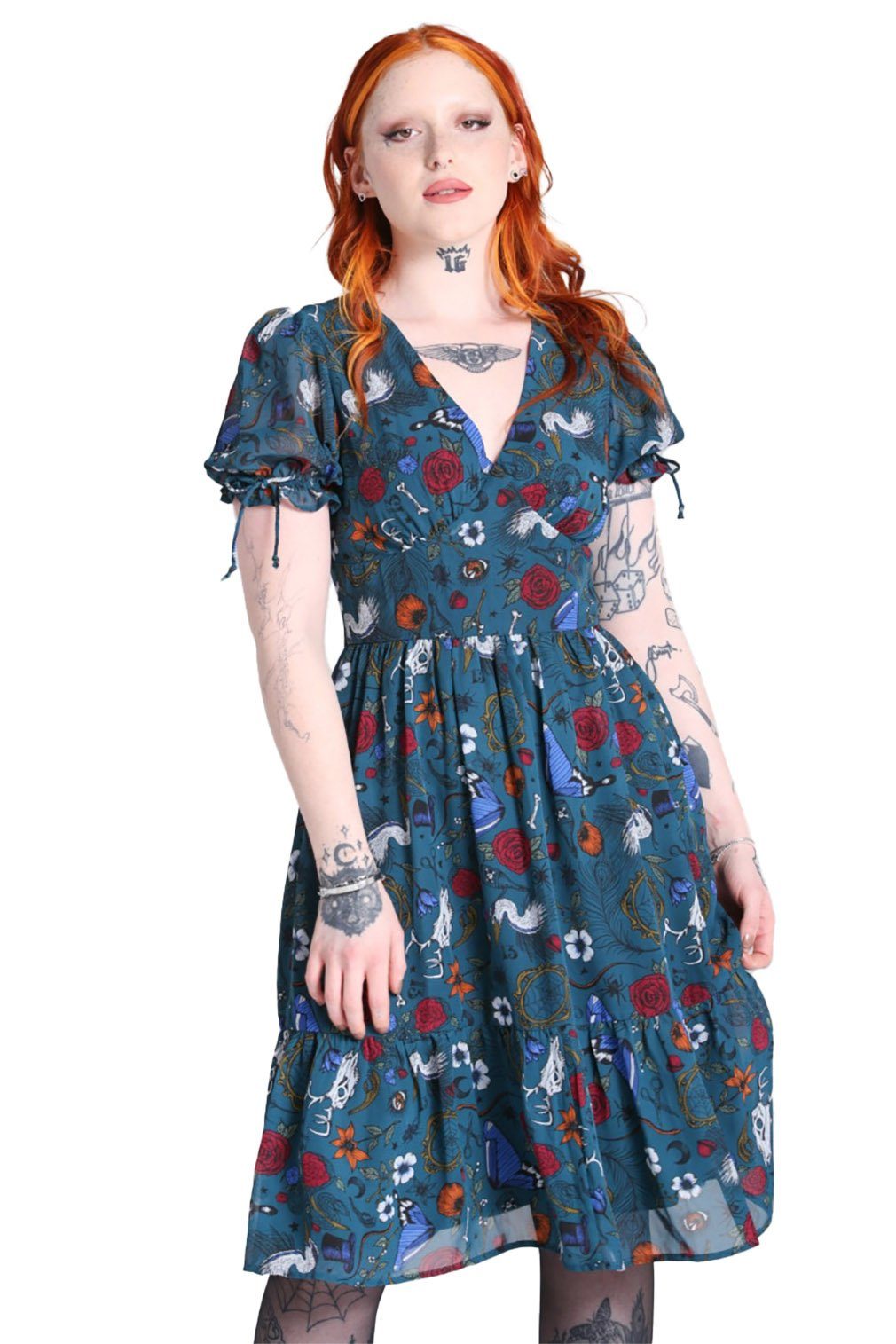 Hell Bunny A-Linien-Kleid Sianna Midi Dress Teal Vintage Retro Blumen Druck
