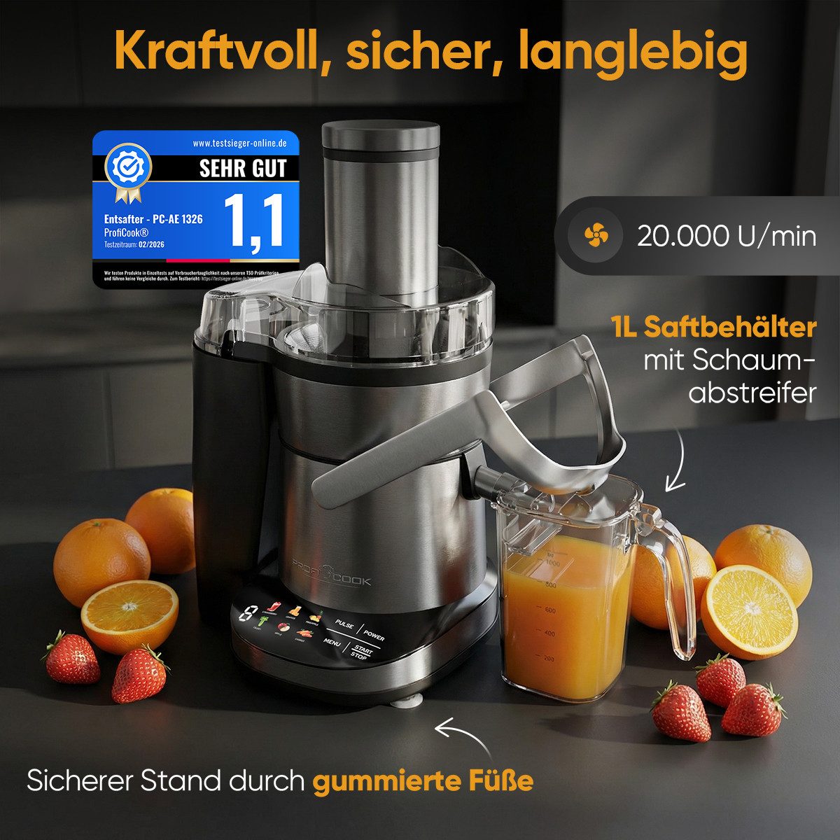 ProfiCook Entsafter PC-AE 1326, leicht zu reinigen, 1000W Motor, feines Sieb