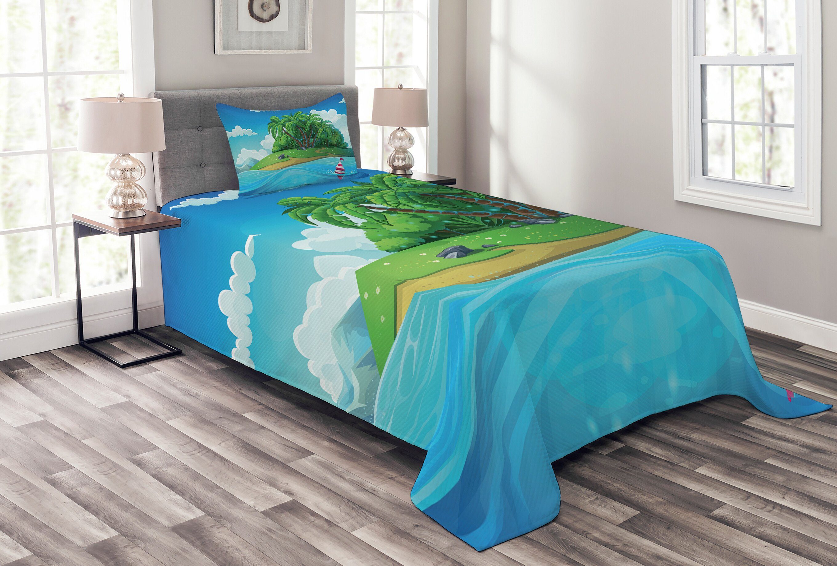 Tagesdecke Set Kissenbezügen Aquatic mit Tropisch Seascape Waschbar, Muster Abakuhaus