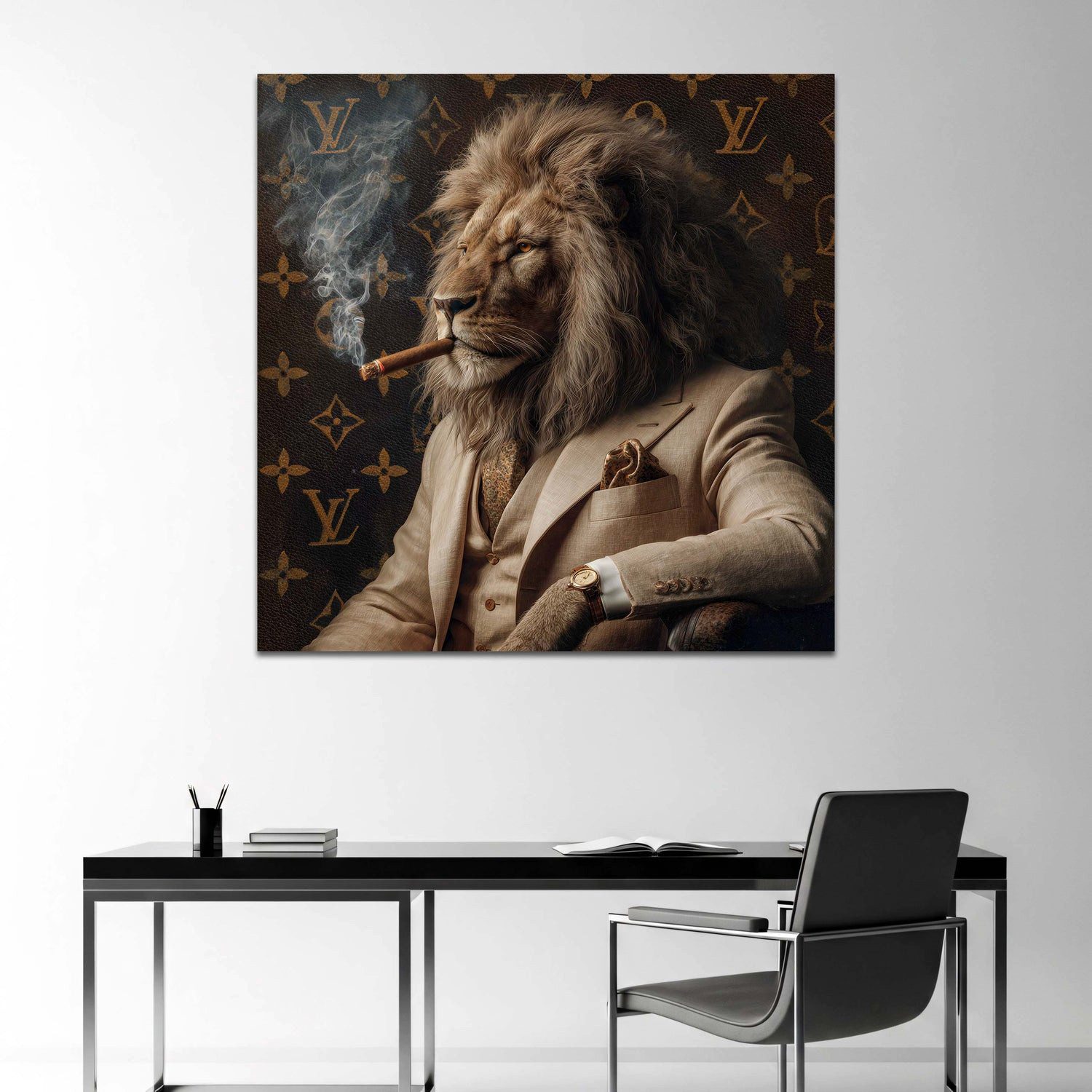 Artedinoi Leinwandbild Souveräner Löwe mit Zigarre in Eleganz Leinwandbild Wandbild Kunstdruc, Löwe mit Zigarre, elegant