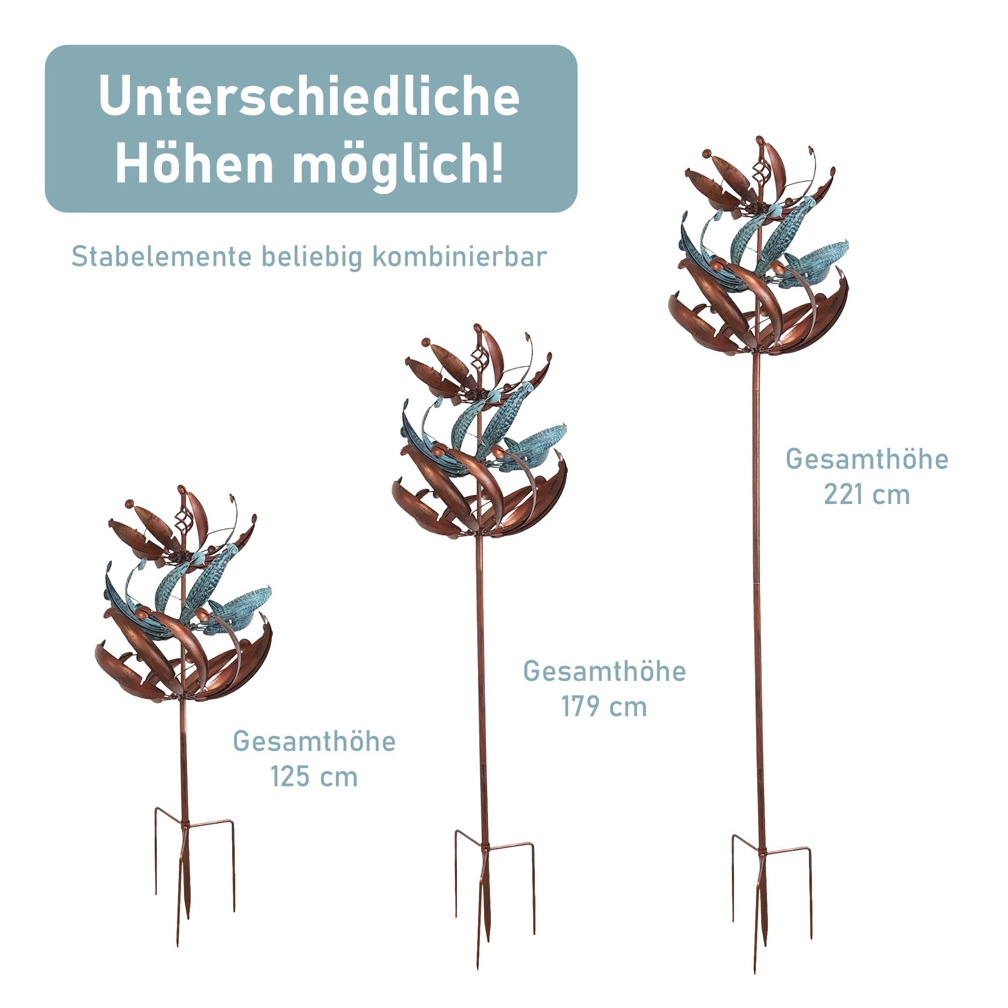 Lemodo Windspiel Windrad "Colourful Tulip", 221 cm hoch, mit 3 gegenläufigen Rotoren