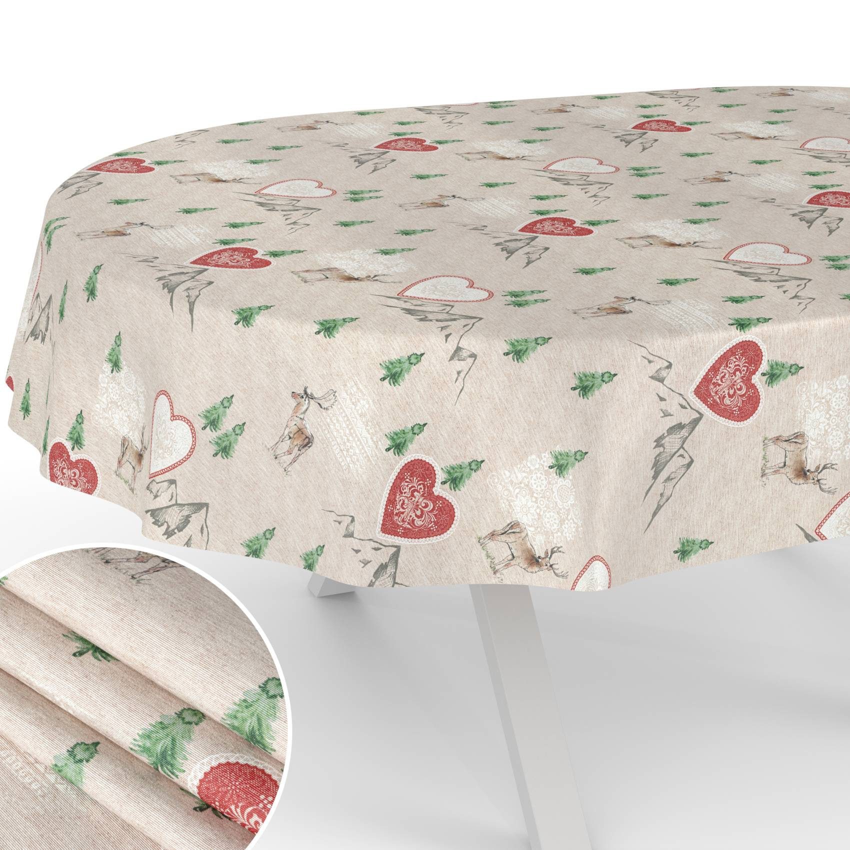 ANRO Tischdecke pflegeleicht Weihnachten Tischtuch Christmas Renntier Herz Tischwäsche (Einzelstück 1-tlg), Schutz-Beschichtung wasserabweisend Oval 160x140cm