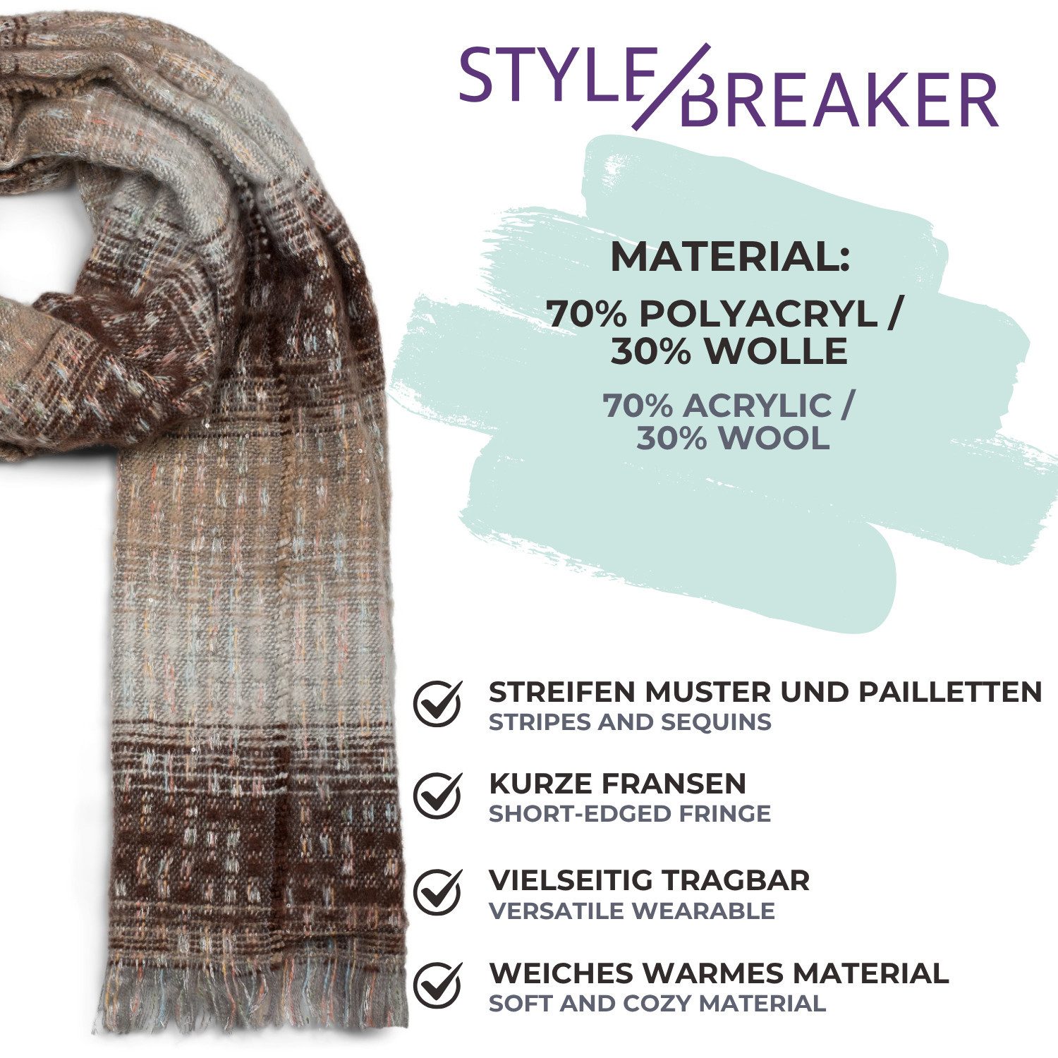 styleBREAKER Modeschal Warmer Schal mit Streifen Web Muster und Pailletten, (1-St)