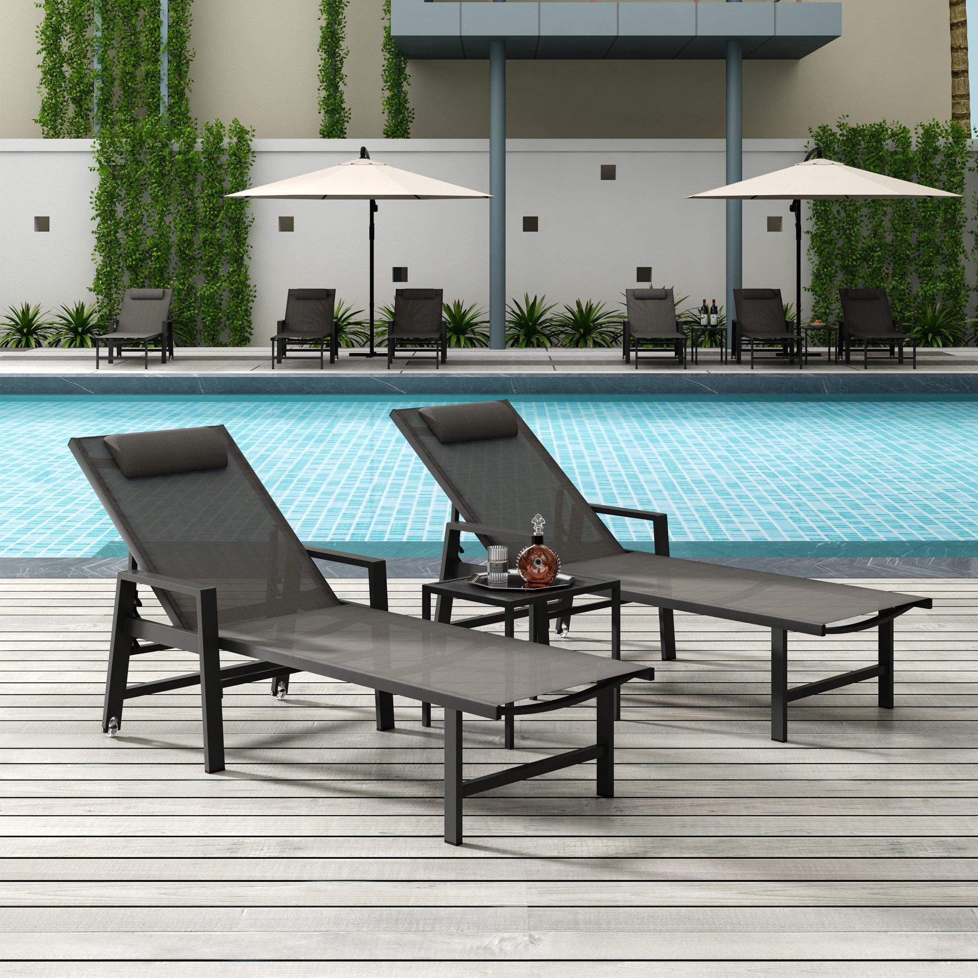 Mucola Gartenliege Aluminium Gartenmöbel 2x Sonnenliege Beistelltisch Relaxliege Tisch, Relax-Set, 3 St., 2x Liege, 1x Tisch, wetterfest
