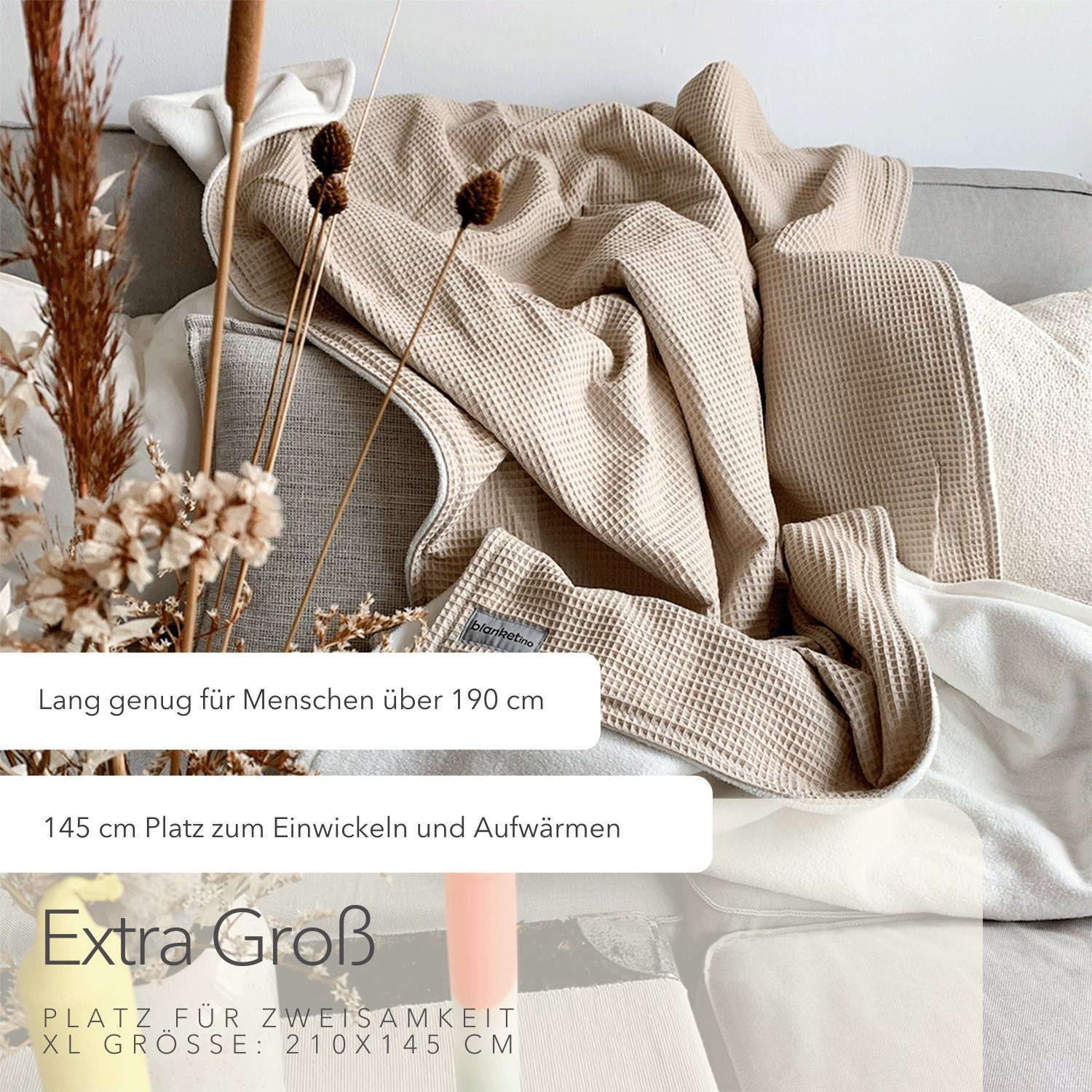 Wohndecke flauschige Kuscheldecke, wärmende Couchdecke aus 100% Baumwolle, blanketino, Stilvolle Sofadecke, Überdecke in Creme & Sandweiß – Bild 4 von 5