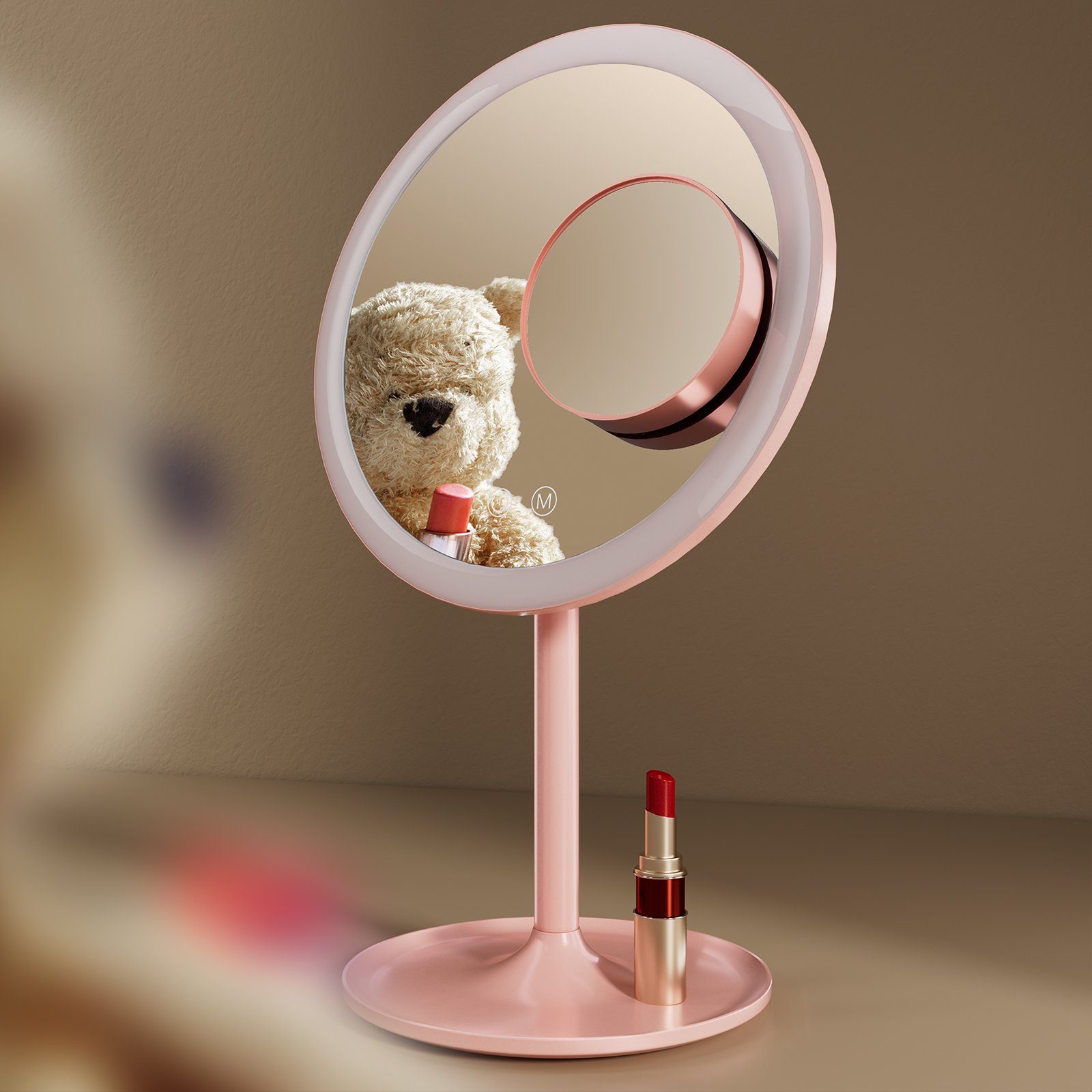 EMKE Kosmetikspiegel Macaron Tischspiegel mit Beleuchtung 3 Lichtfarben Dimmbar, 1X / 3X,90°Drehbar,USB Aufladbarer LED Schminkspiegel für Schminken Rosa