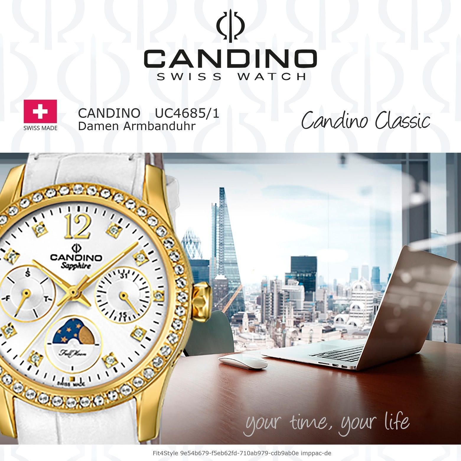 Edelstahlarmband rund, C4685/1, weiß Candino Candino Damen Classic Damenuhr Armbanduhr Quarzuhr