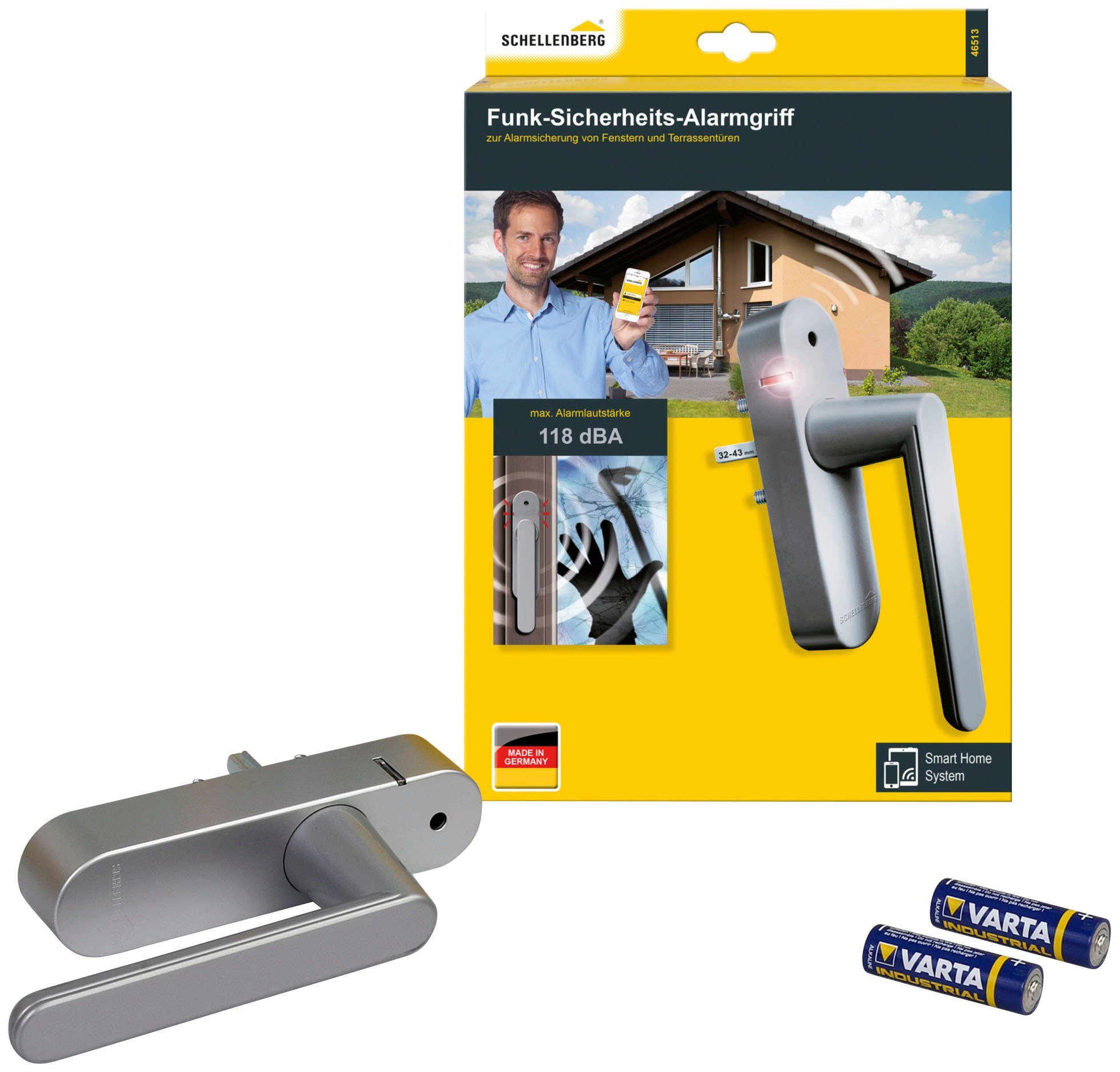 SCHELLENBERG Alarmfenstergriff 46513, Din Rechts und Din Links, silber,  Funk Smart Home, 118 db