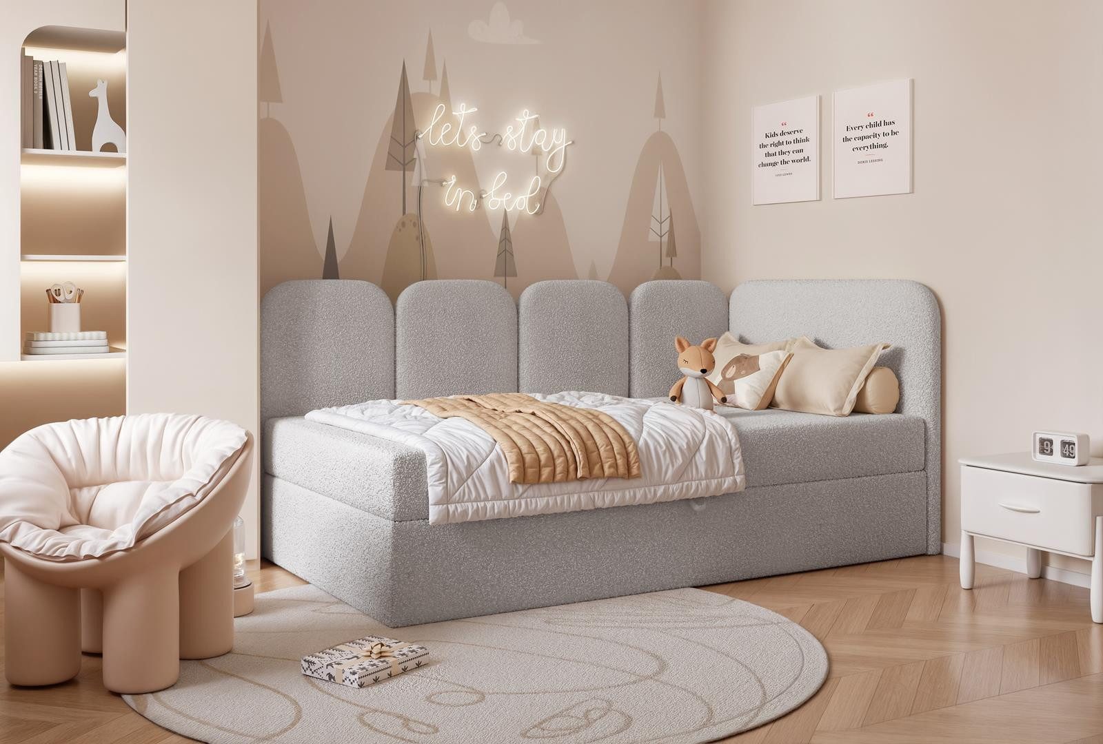 Compleo Boxspringbett Jugendbett DREAMY, Polsterbett mit Bettkasten, 80/90/100/120x200, Kopfteil links oder rechts, Boucle oder Velvet