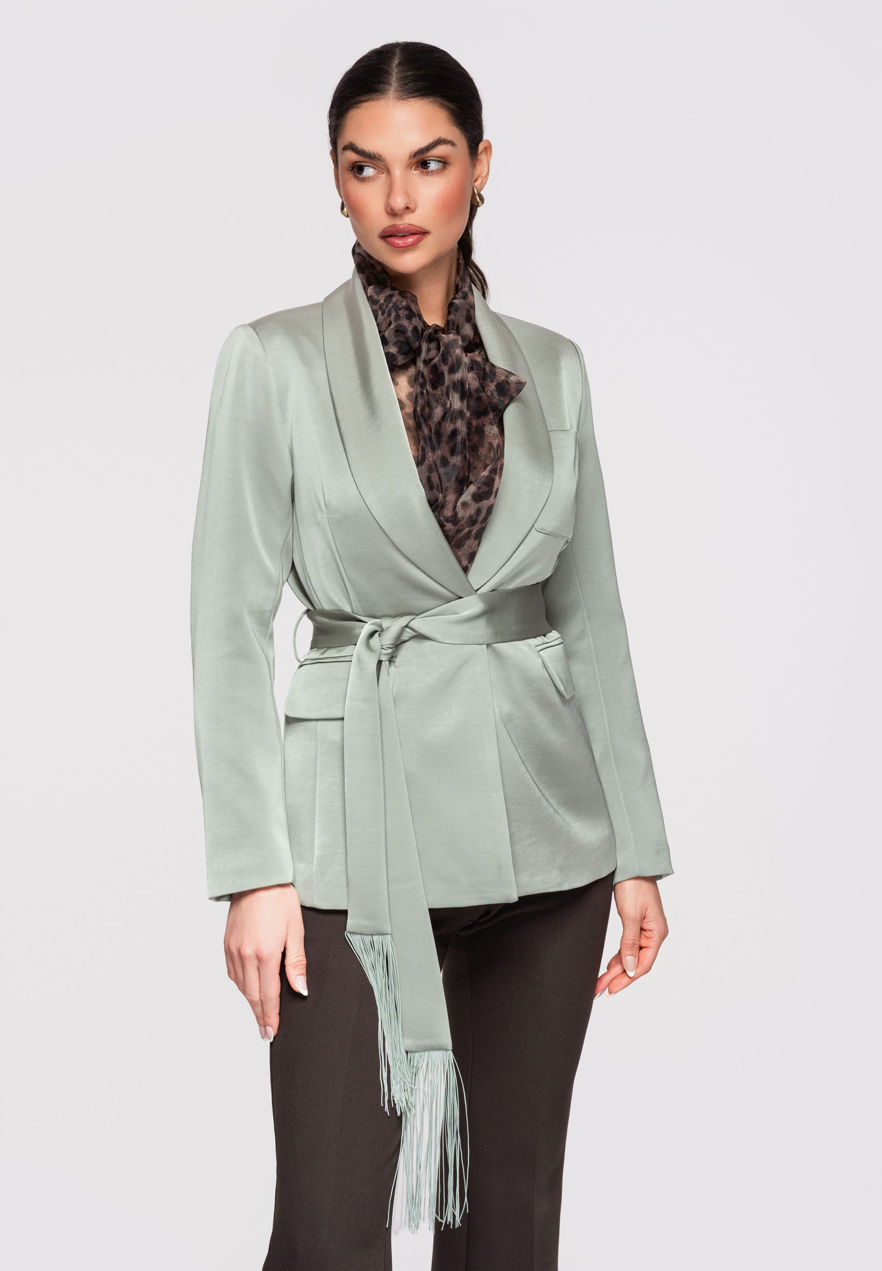 OMBRE Longblazer Damen Blazer Schalkragen Fransen Tailliert Celadon S (kein Set, 1-tlg) Taillierter Schnitt mit Schalkragen und Fransen
