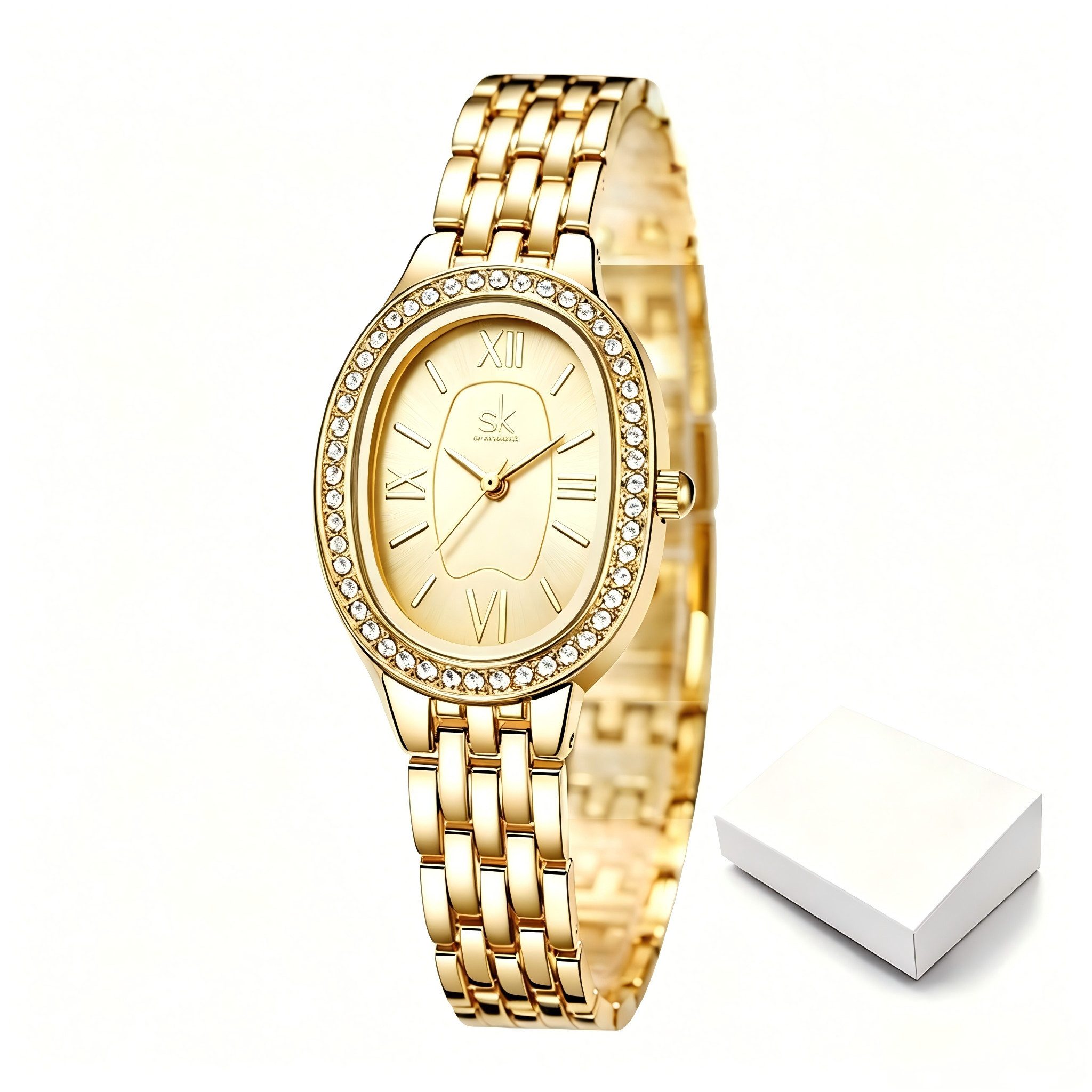 ibettertec Quarzuhr Goldene Uhr Damen, Armbanduhr Damen, Mit Kristallen besetzt, Berufsuhr, (Packung, 3ATM wasserdicht, Geschenk für Frauen), Damenarmbanduhr gold, ovale Uhr mit Kristallen, Quarzuhr elegant