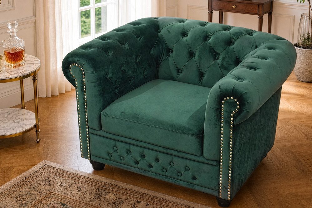 riess-ambiente Sessel CHESTERFIELD 110cm flaschengrün - Samt, m. Armlehne, Federkern, Nieten (Einzelartikel, 1-St), Gemütlicher Sitz mit Knopfheftung - ideal für Wohn- und Schlafzimmer