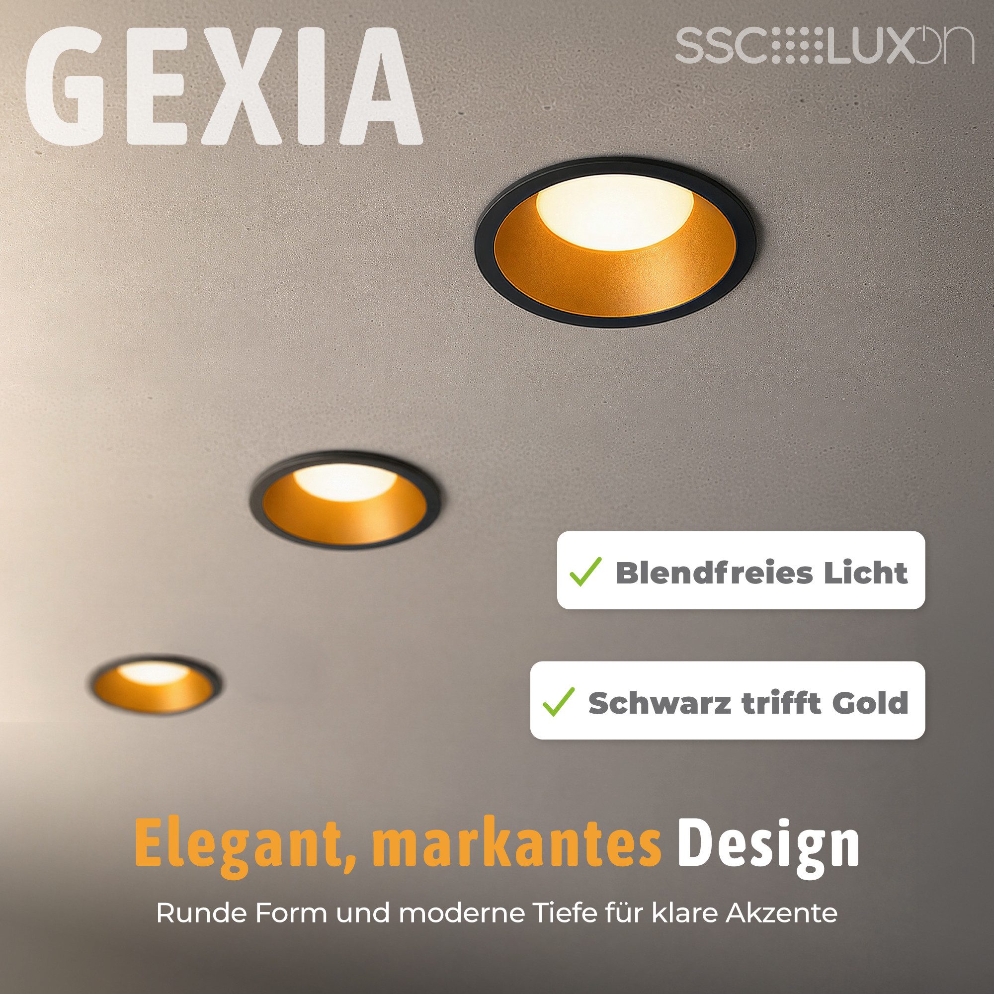 SSC-LUXon LED Einbaustrahler GEXIA Einbauspot schwarz gold Ø11cm LED GX53 3in1 Lichtfarbe 3W 230V, Neutralweiß, Warmweiß, Tageslichtweiß