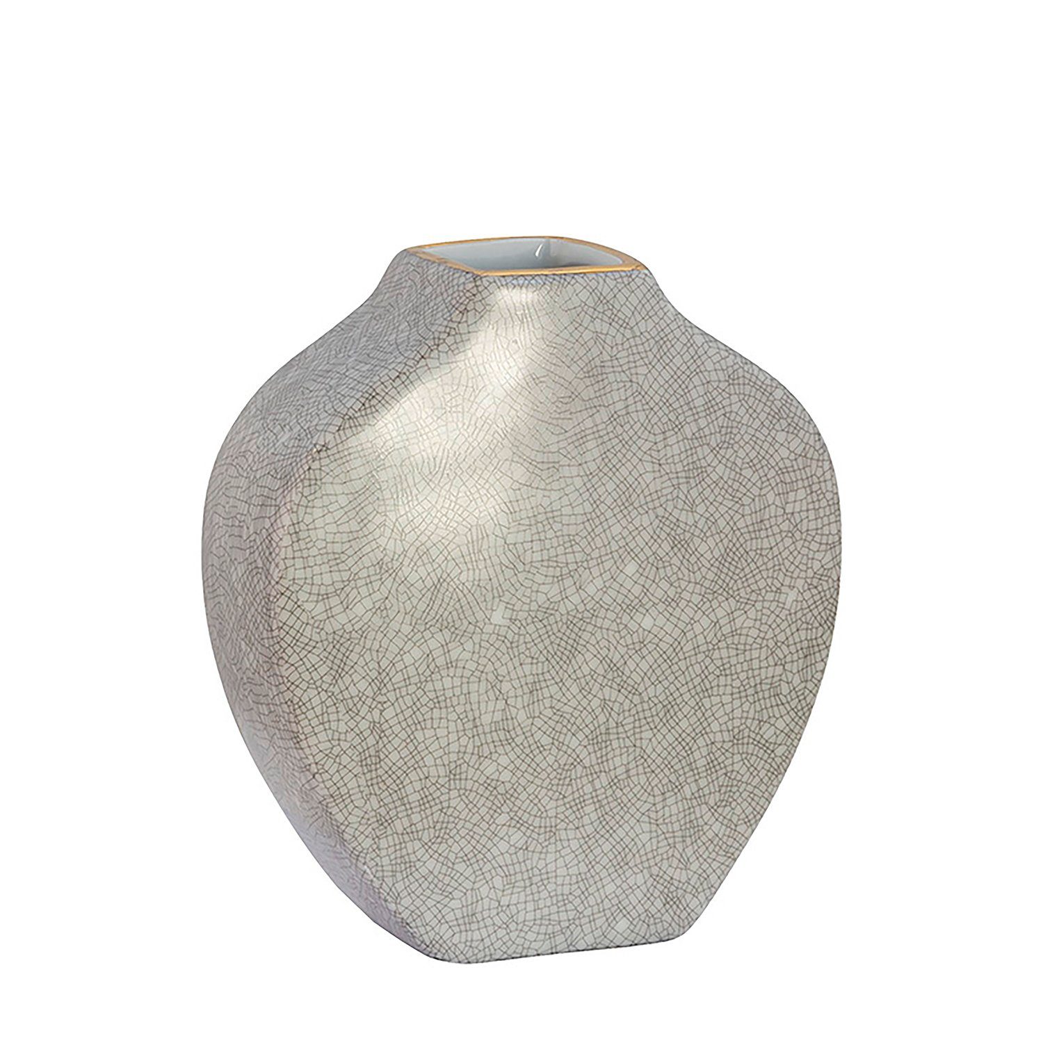 Fink Dekovase Vase MINTA - hellgrau - Porzellan - H.17,5cm x B.15cm x T.6cm, Handbemalter goldfarbener Rand - Durchmesser Öffnung ca. 4x4,5 cm