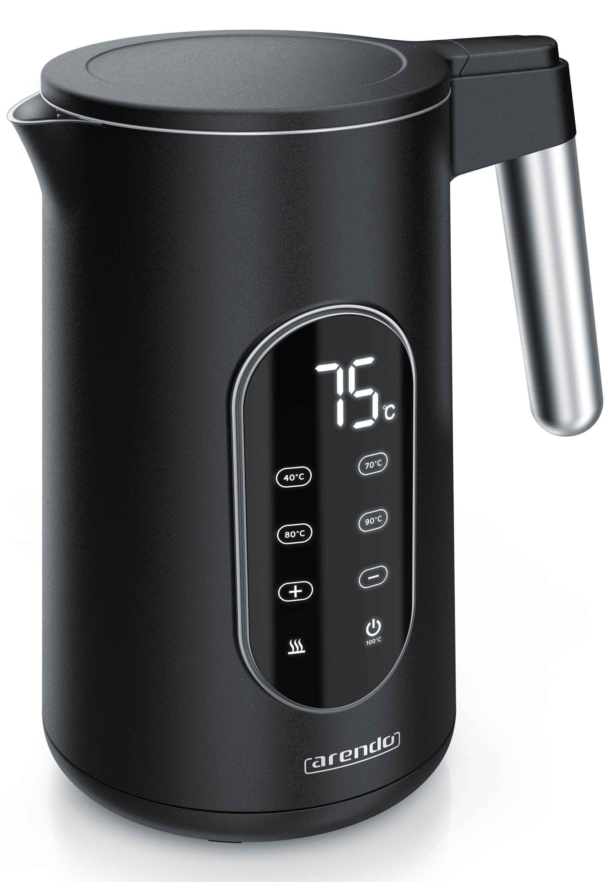 Arendo Wasserkocher aus Edelstahl, Temperatureinstellung 40°–100°C mit Anzeige, Doppelwand, 1,7 l, 2200 W, Teekocher mit Temperaturanzeige, Überhitzungsschutz, Warmhaltefunktion
