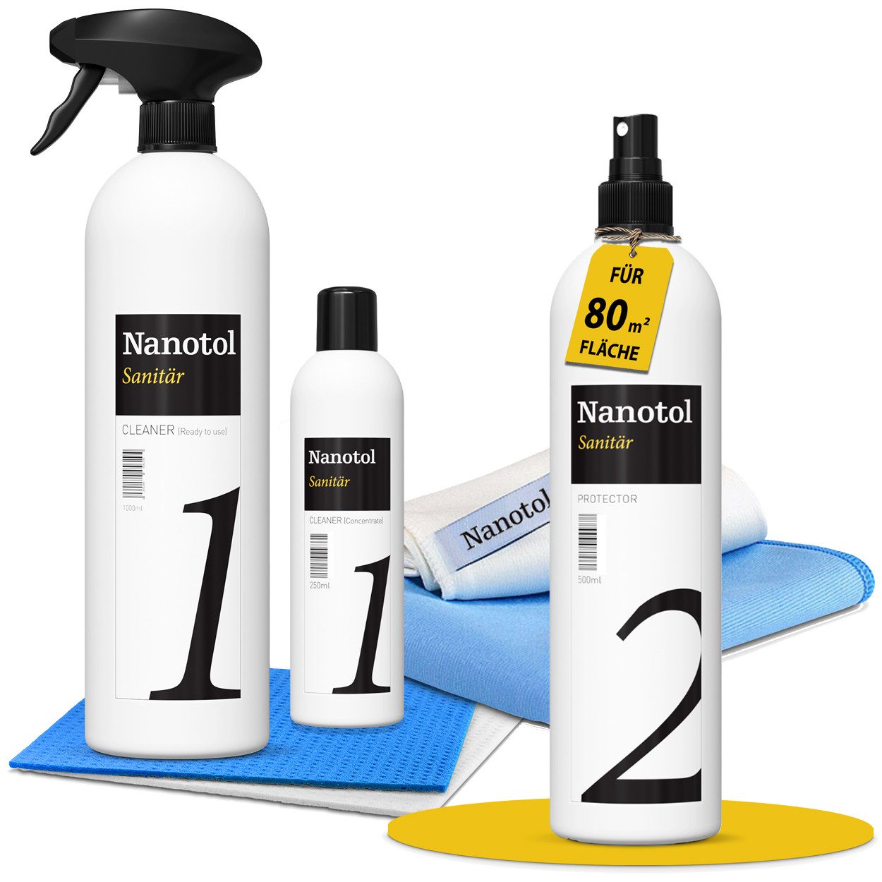 Nanotol Profi Badreiniger-Versiegelung-Set mit Lotuseffekt Badreiniger (Komplett Set, [- Reiniger, Nanoversiegelung, Schwamm-/Poliertücher Anti-Haft Beschichtung gegen Kalk - lösungsmittelfrei, geruchsneutral)