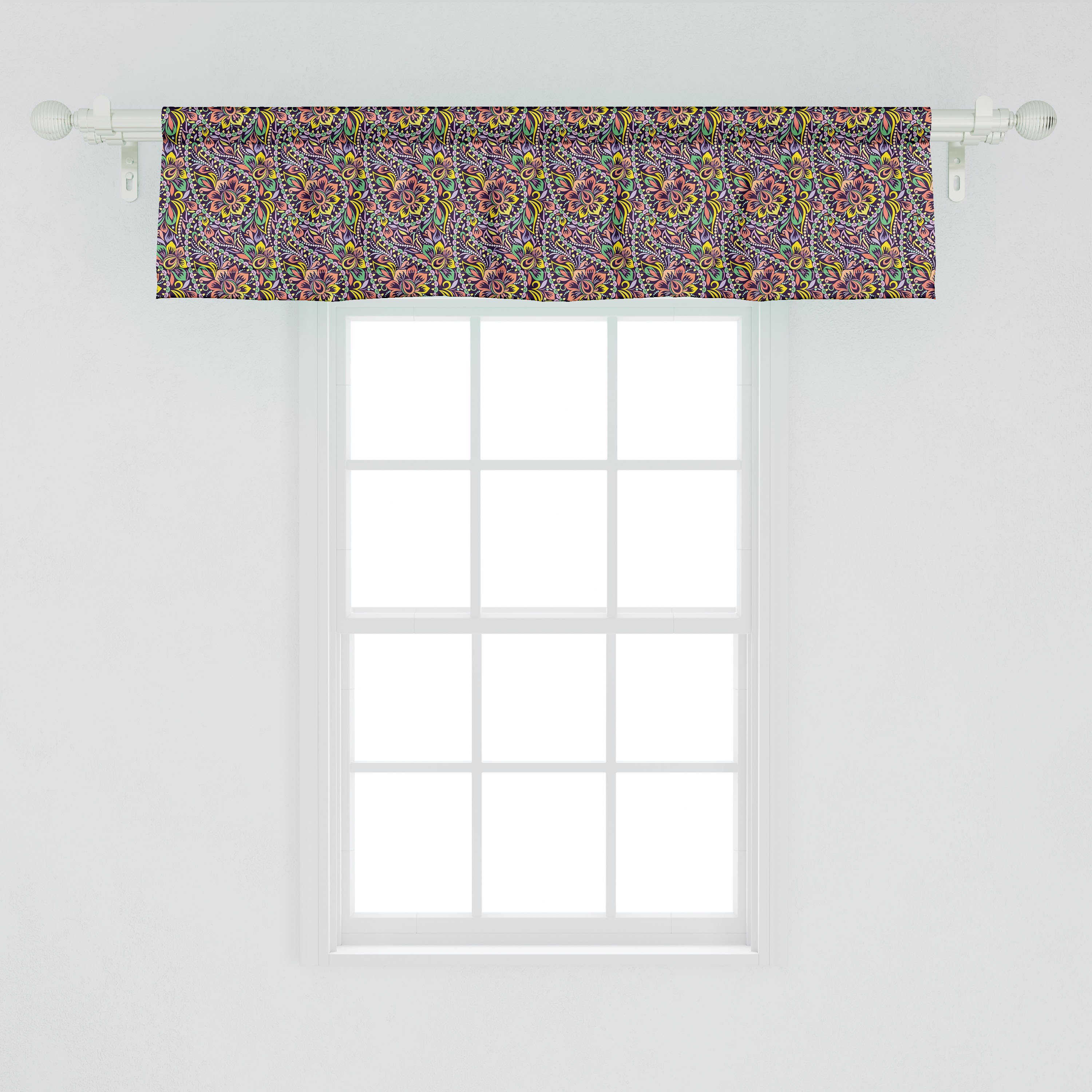 Scheibengardine Vorhang Volant für Küche mit Stangentasche, Bunte Blumen Abakuhaus, Dekor Microfaser, Schlafzimmer Paisley-Verzierungen