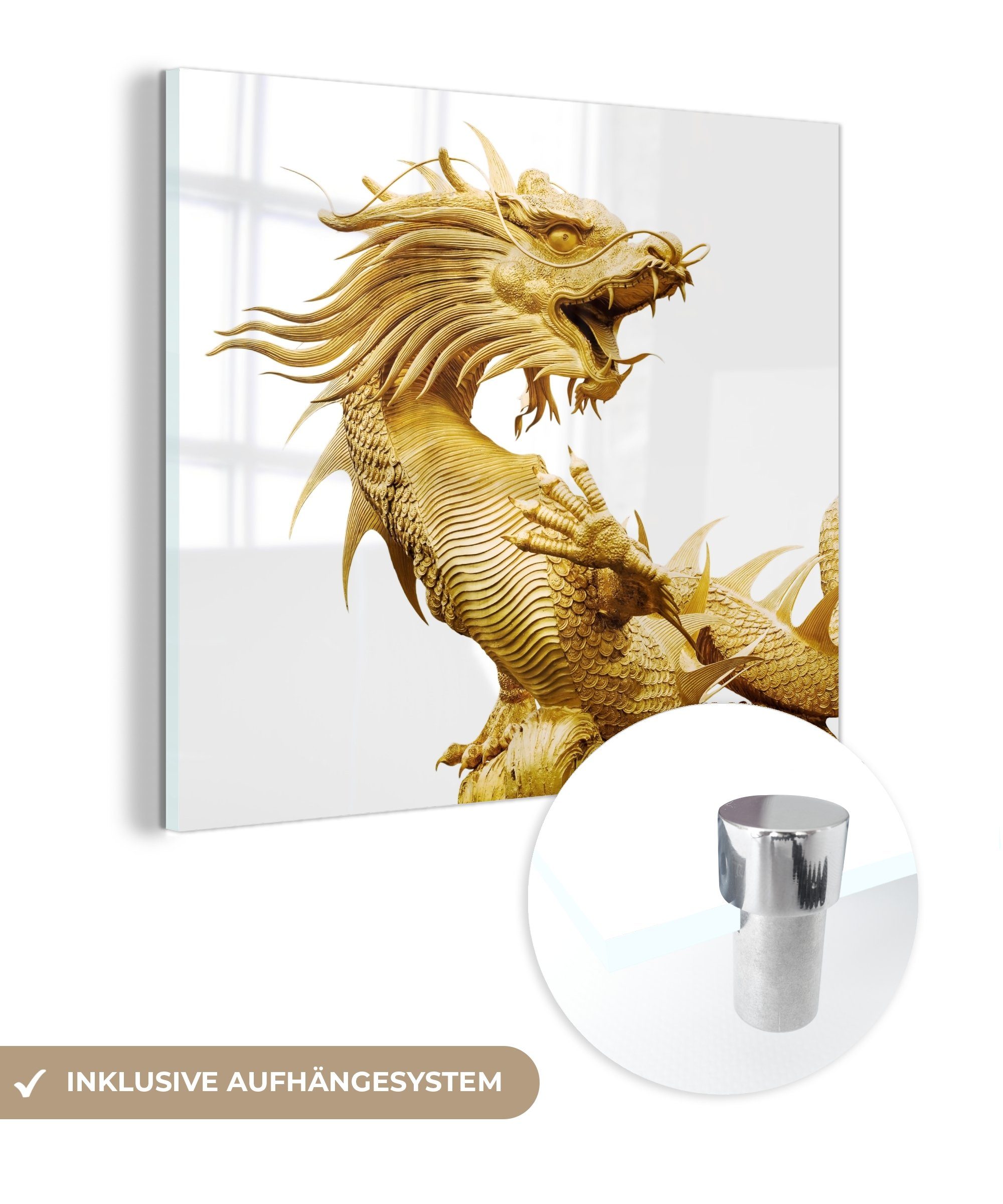 MuchoWow Acrylglasbild Goldene Statue eines chinesischen Drachens, (1 St), Glasbilder - Bilder auf Glas Wandbild - Foto auf Glas - Wanddekoration