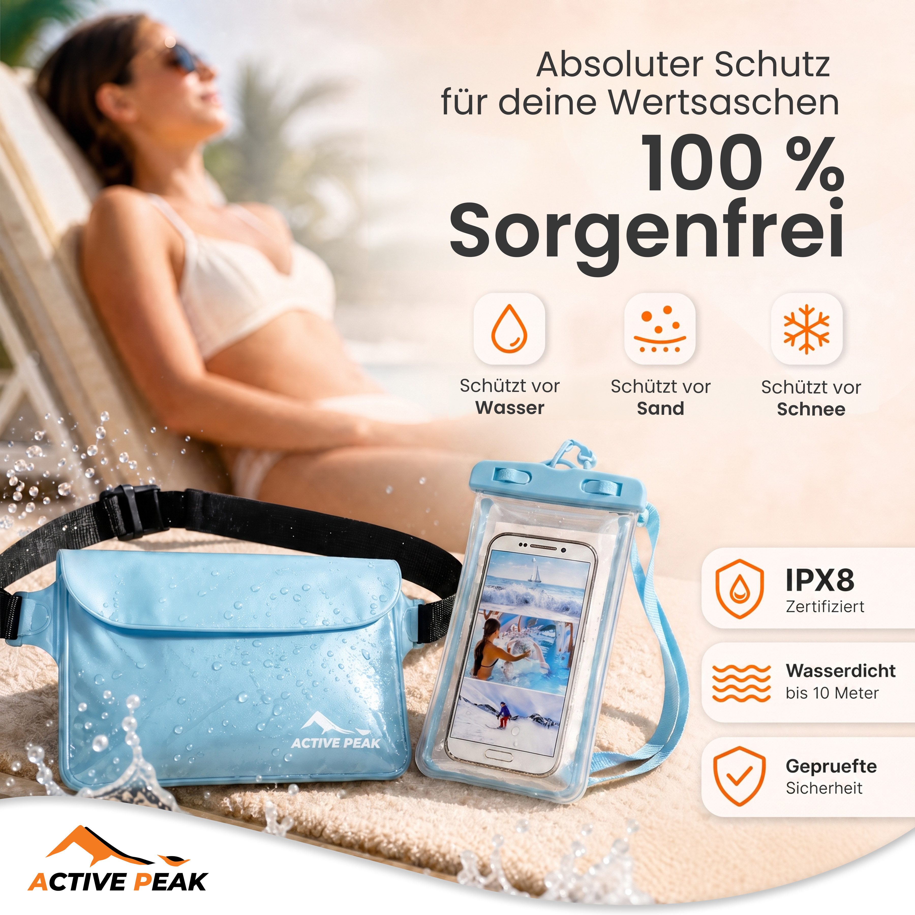 Active Peak Drybag Wasserdichte Tasche, Bauchtasche & Wasserdichte Handyhülle (2-tlg), Waterproof Bag für Kajak, Strand, Urlaub uvm.
