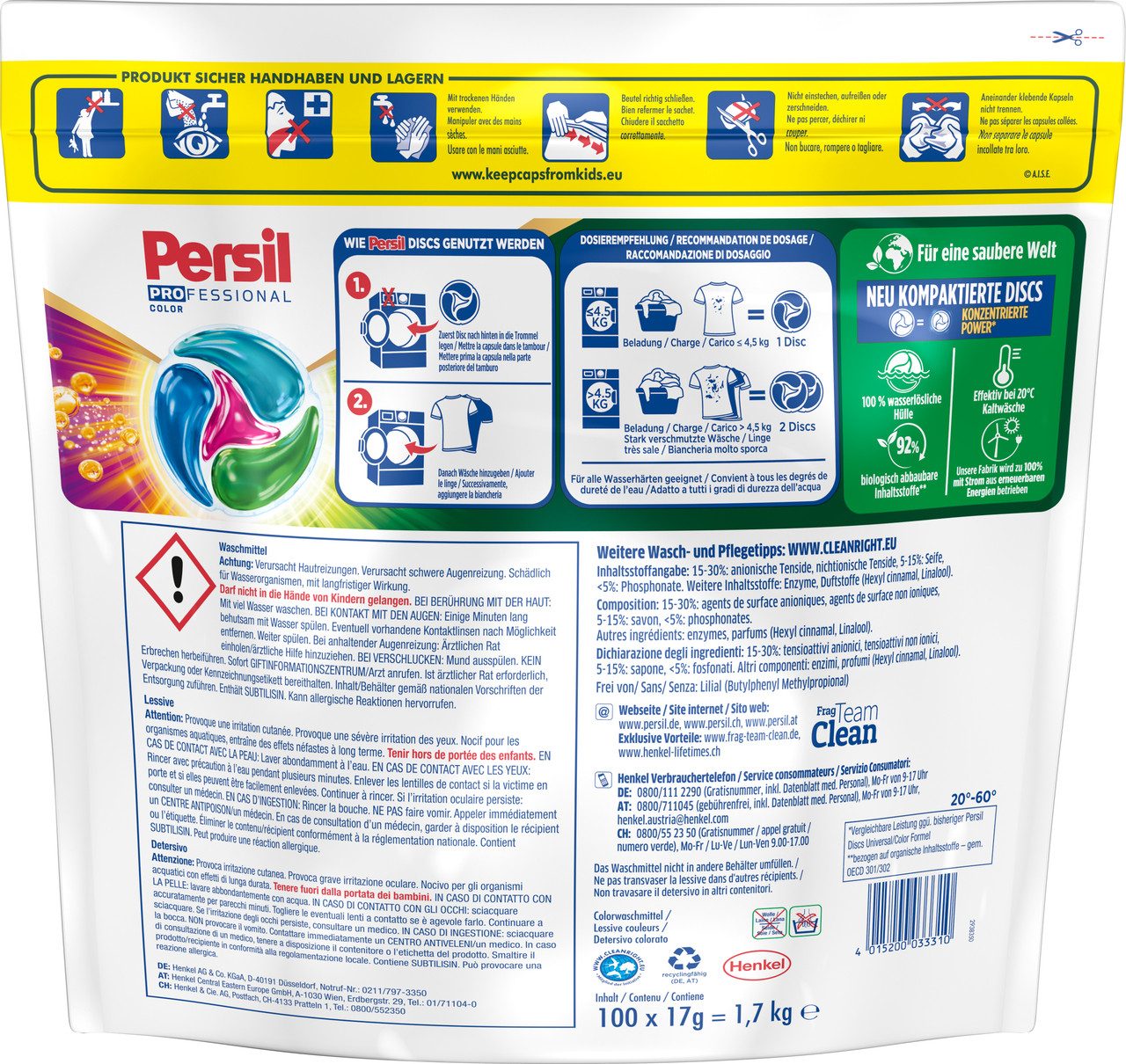 Persil PERSIL Color DISCS 100WL Waschmittel-Discs 1,7kg Colorwaschmittel (Vorratspack, [100-St. Kapseln mit Tiefenrein Technologie)