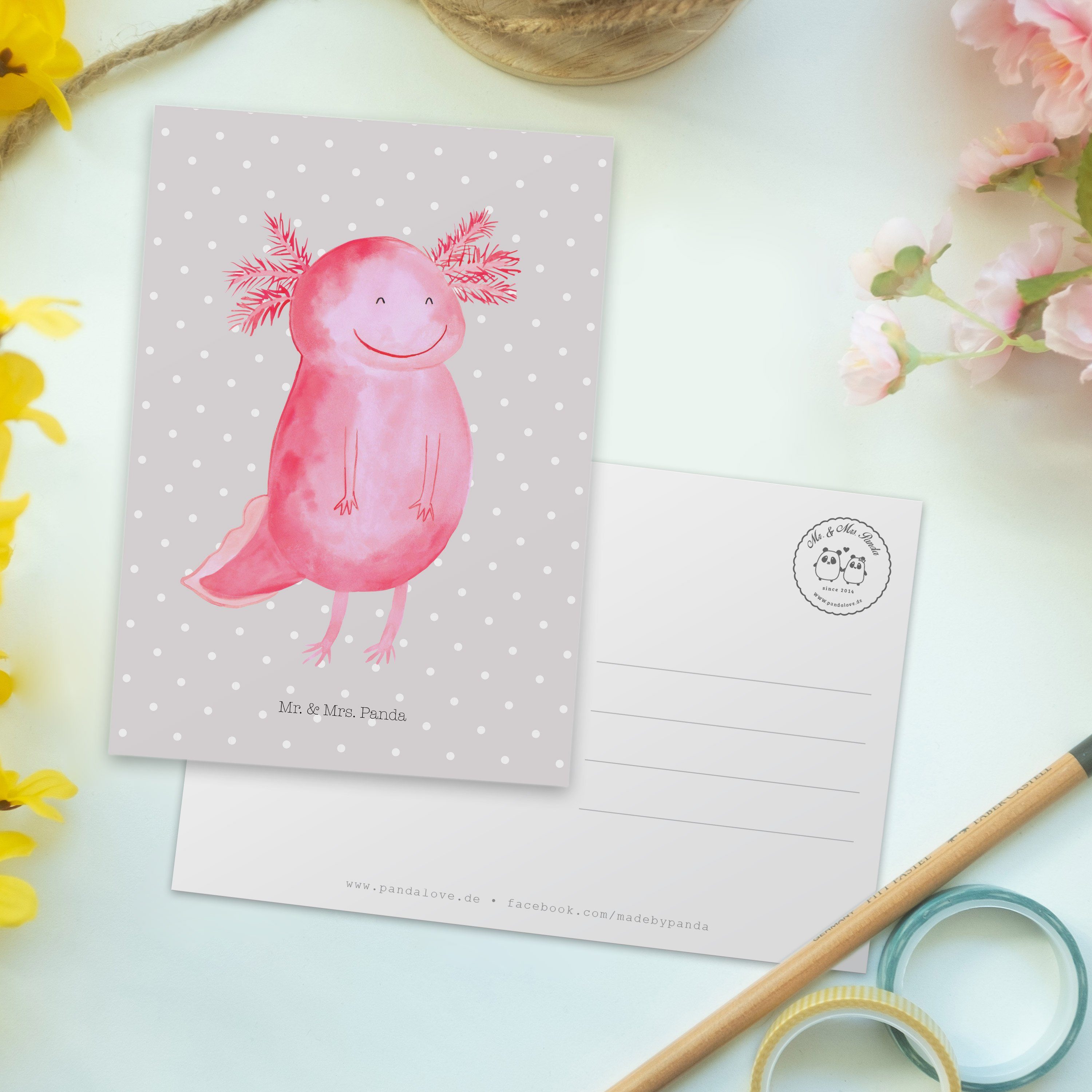 Axolotl - Schwanzlurc Postkarte gelaunt, Geschenk, & Mr. Pastell gut Mrs. Panda glücklich Grau -