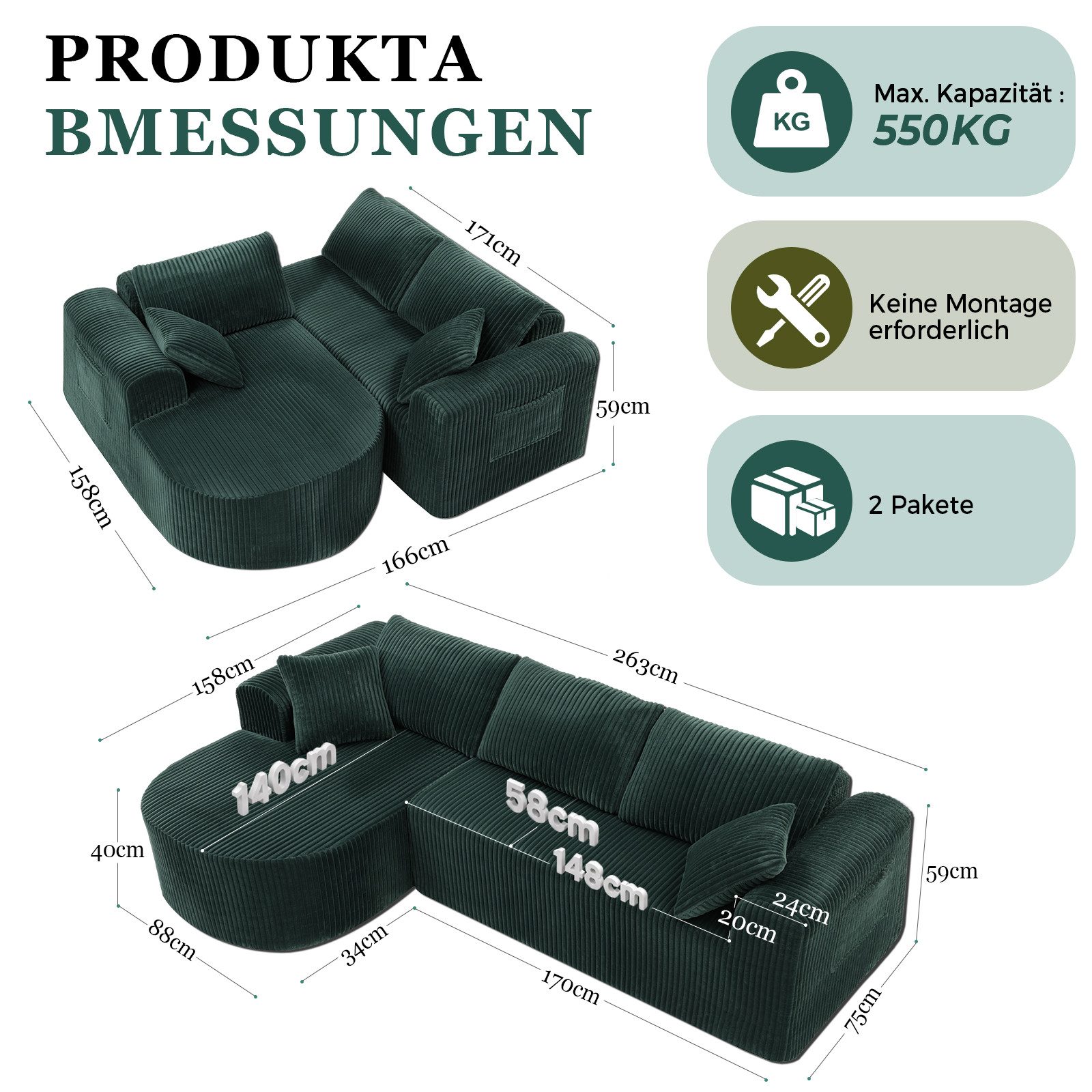 COMHOMA Sofa Ecksofa mit Schlaffunktion, Corduroy Modulares Boneless Couch, mit Chaiselongue, L-Form Schlafsofa, Sektionssofas mit Kissen & Seitentaschen