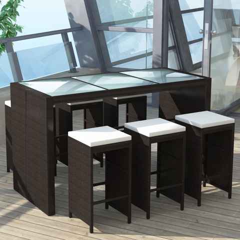 vidaXL Gartenlounge-Set 7-tlg. Gartenbar-Set mit Auflagen Poly Rattan Braun, (7-tlg)