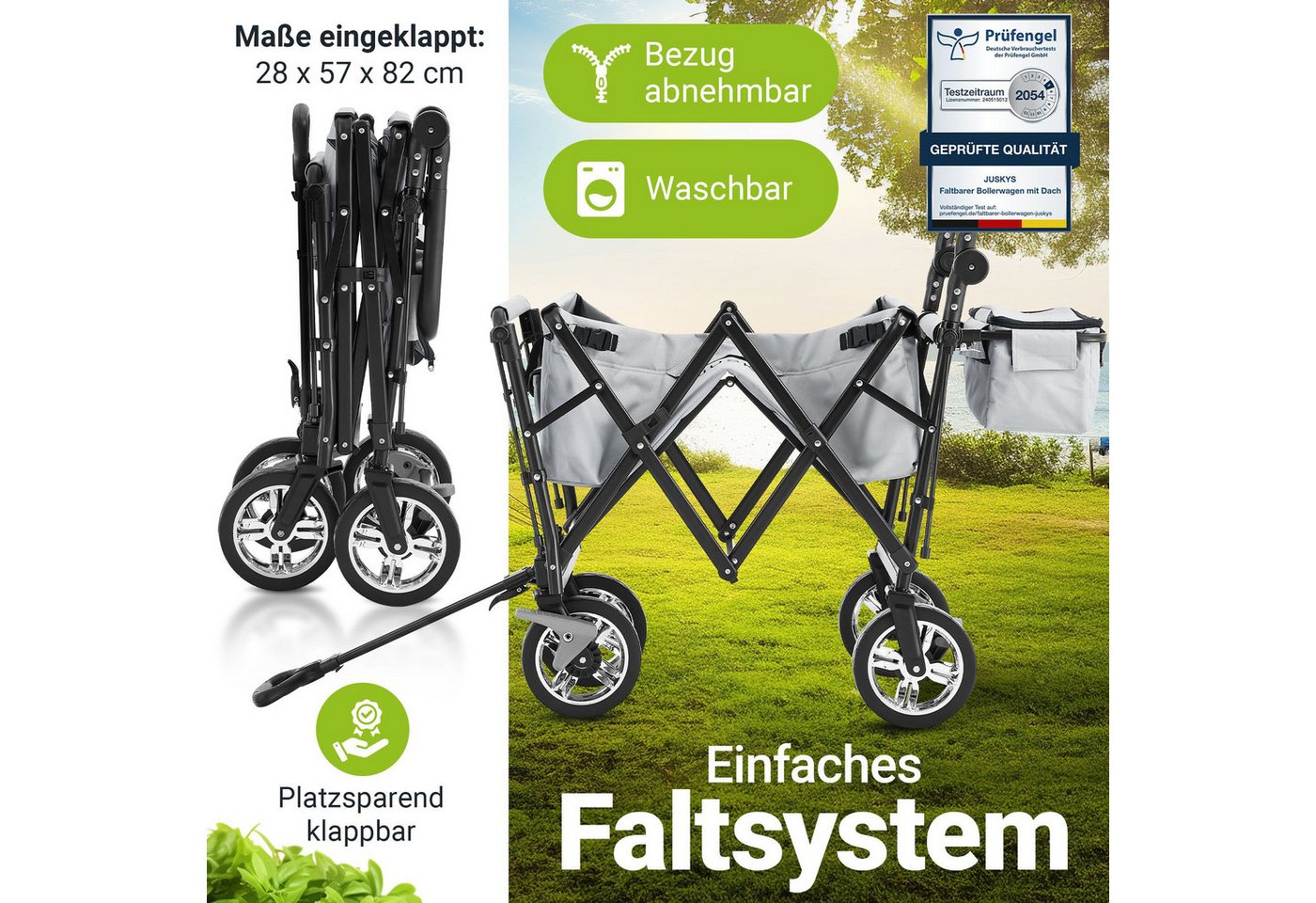 Thumbnail - Juskys Bollerwagen, bis 120 kg belastbar, mit Dach & Tasche, Transportwagen faltbar